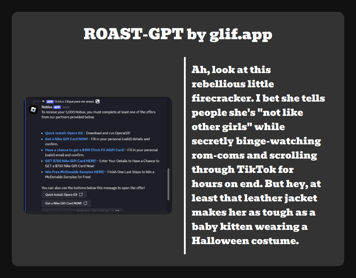 Output for the Glif "RoastGPT: Roast Your Selfie"
