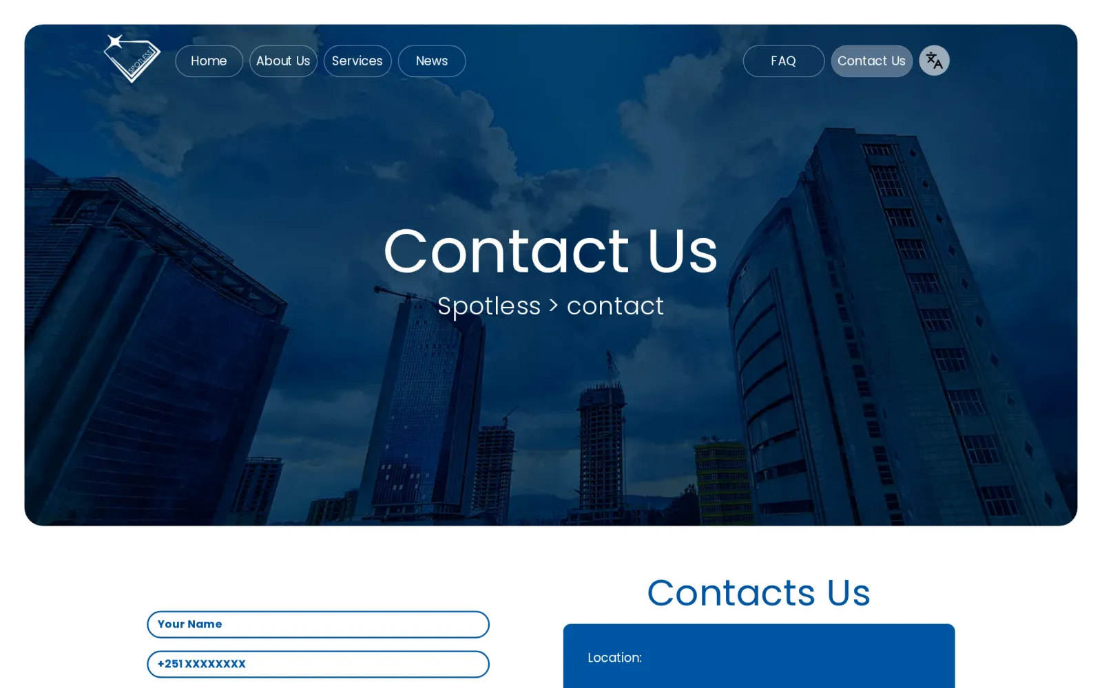 The contact page with location details