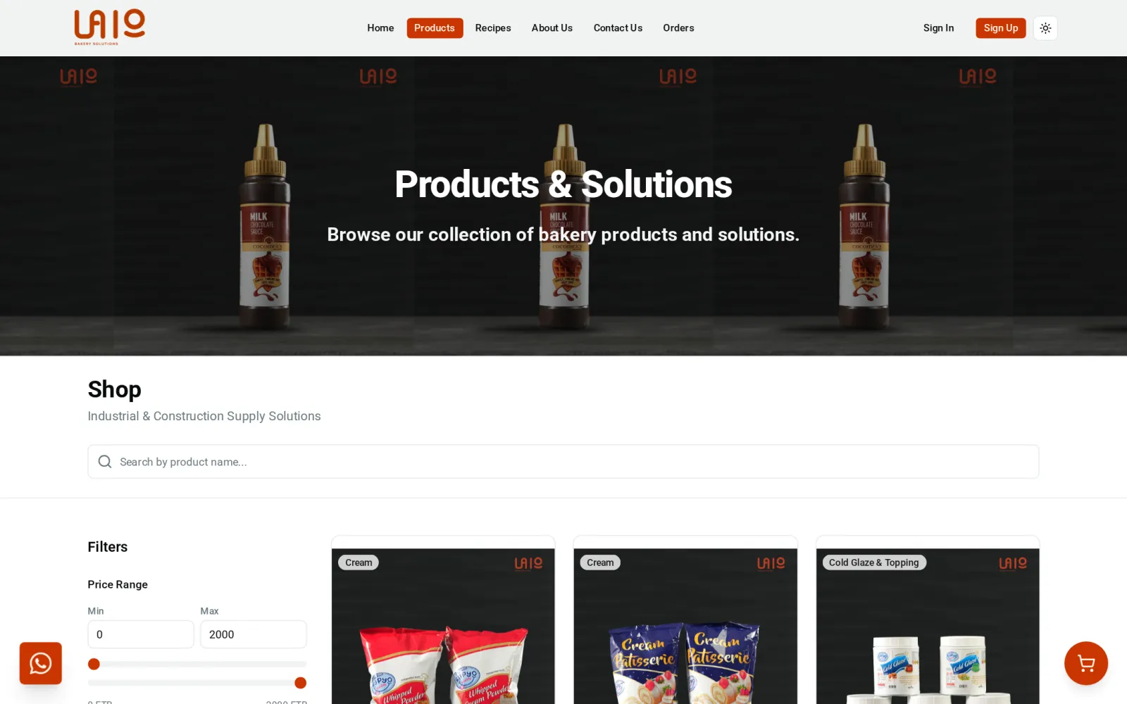 The product catalogue with categories