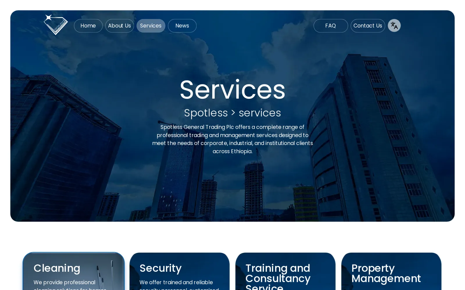 The services page listing the four service lines