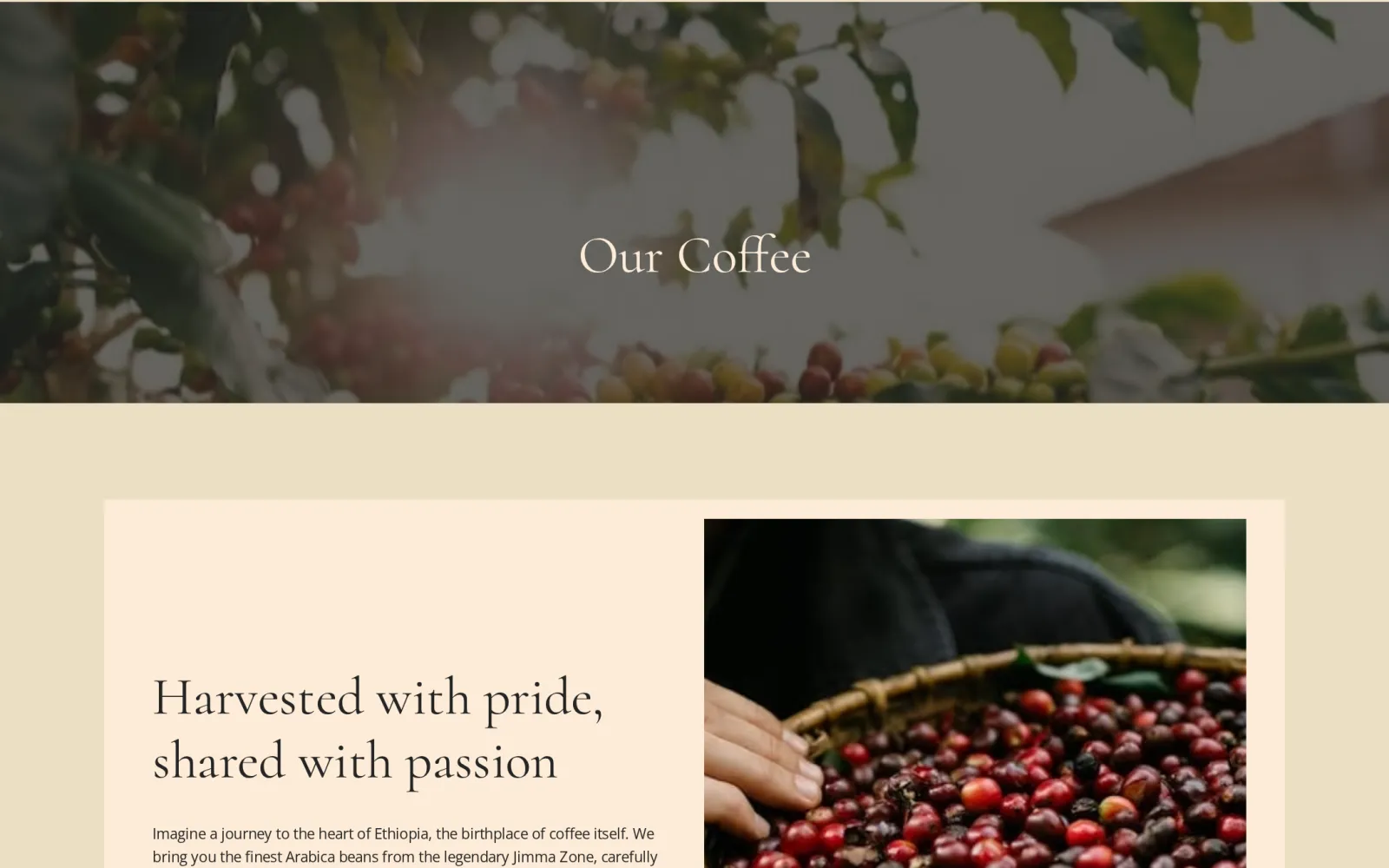 The coffee page showing grades and growing regions