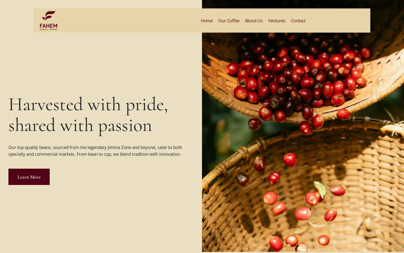 Fahem General Trading home page with coffee cherries