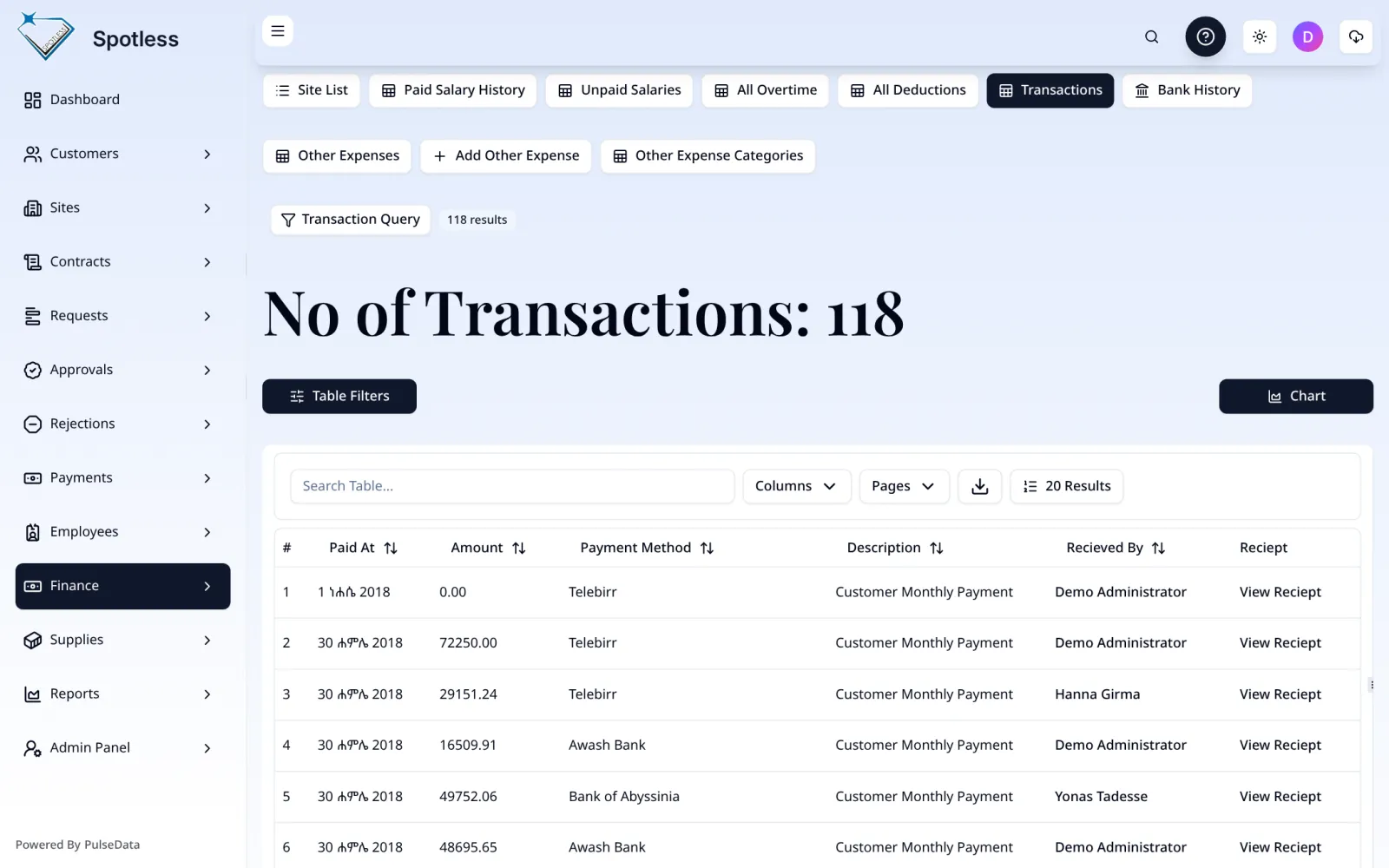 Transaction list showing payments in Ethiopian-calendar dates