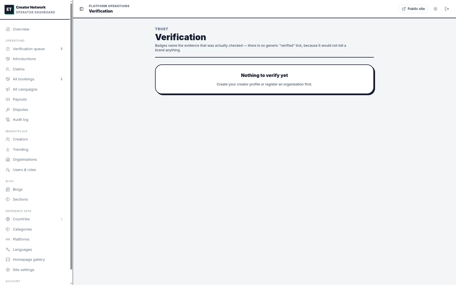 Creator verification queue