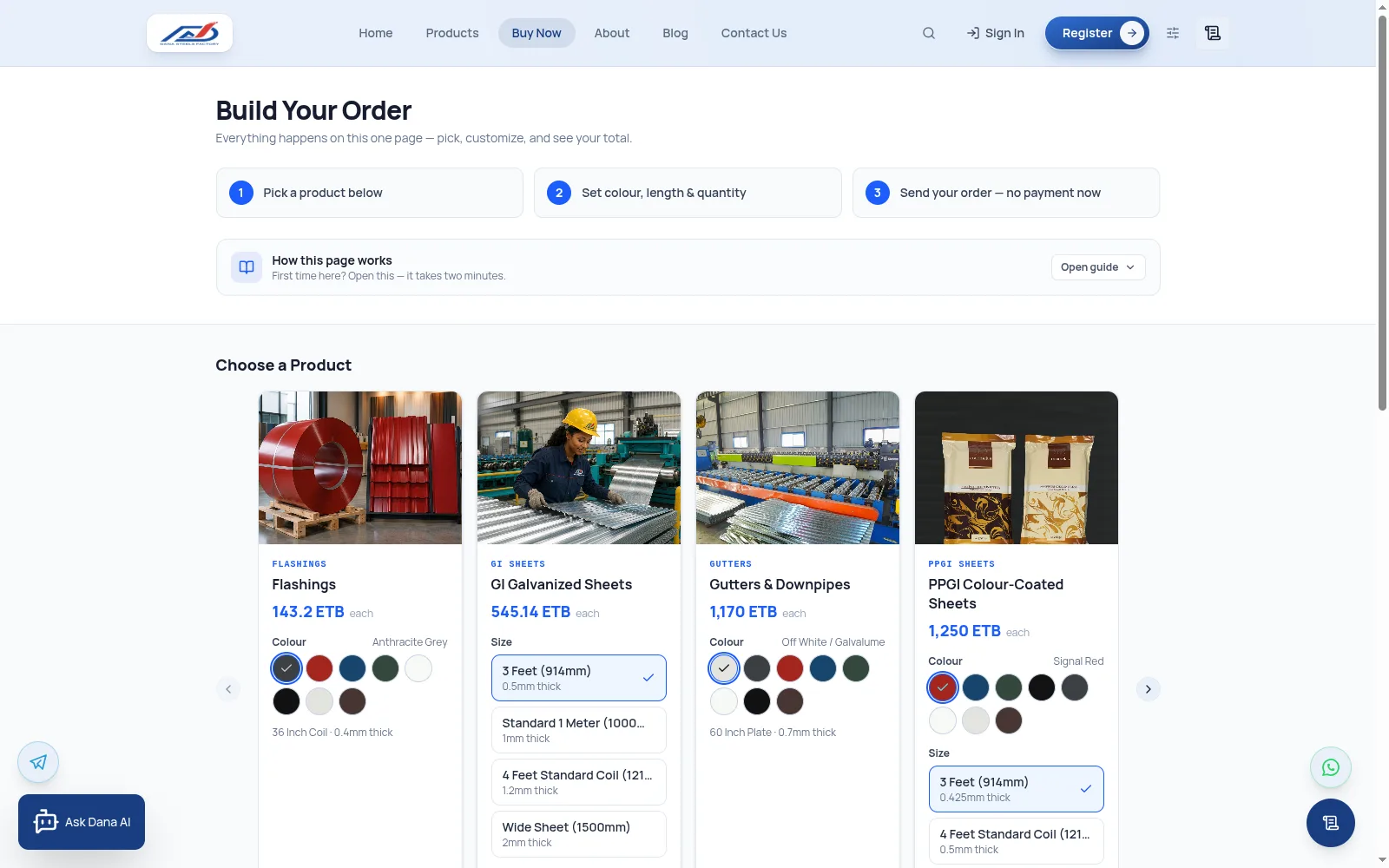 Dana Steel order builder