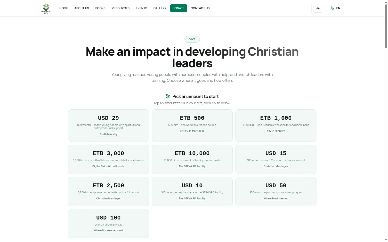 Steward of Life giving page
