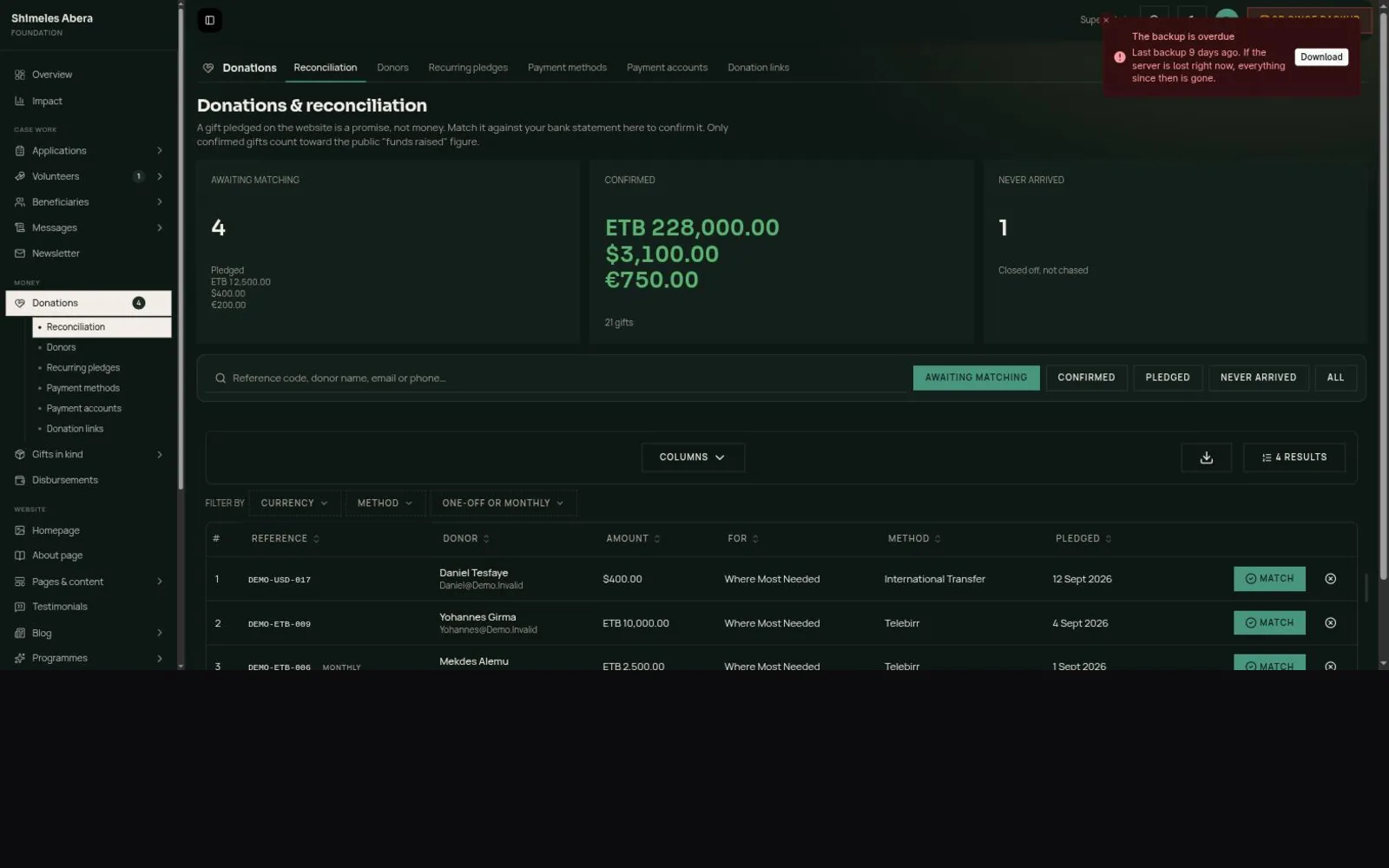 Donations and bank reconciliation screen