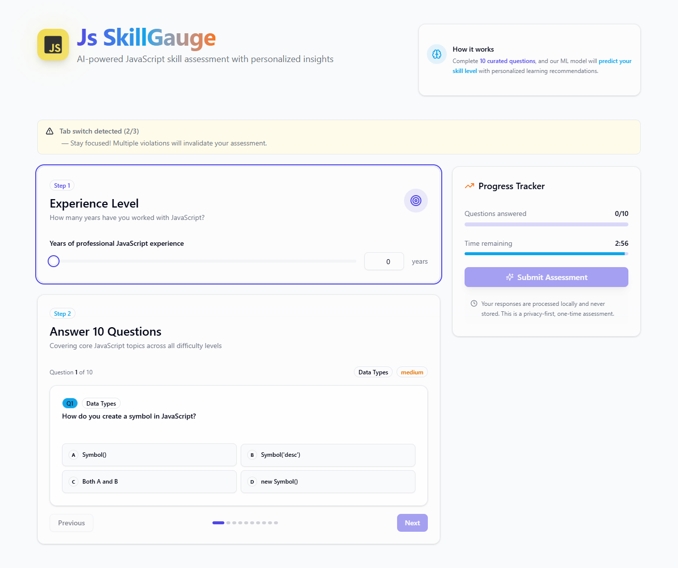 Js SkillGauge — "AI-powered JavaScript skill assessment with personalized insights" full-scale view