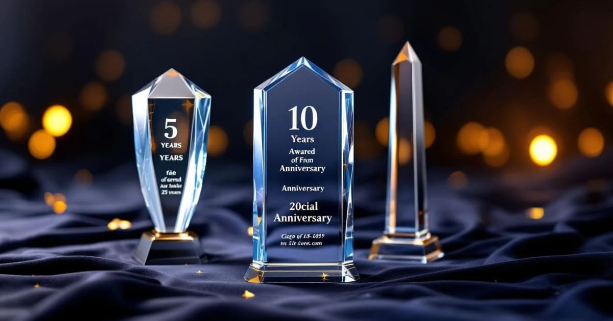 Elegant anniversary awards for milestone years displayed on dark navy velvet with dramatic golden lighting