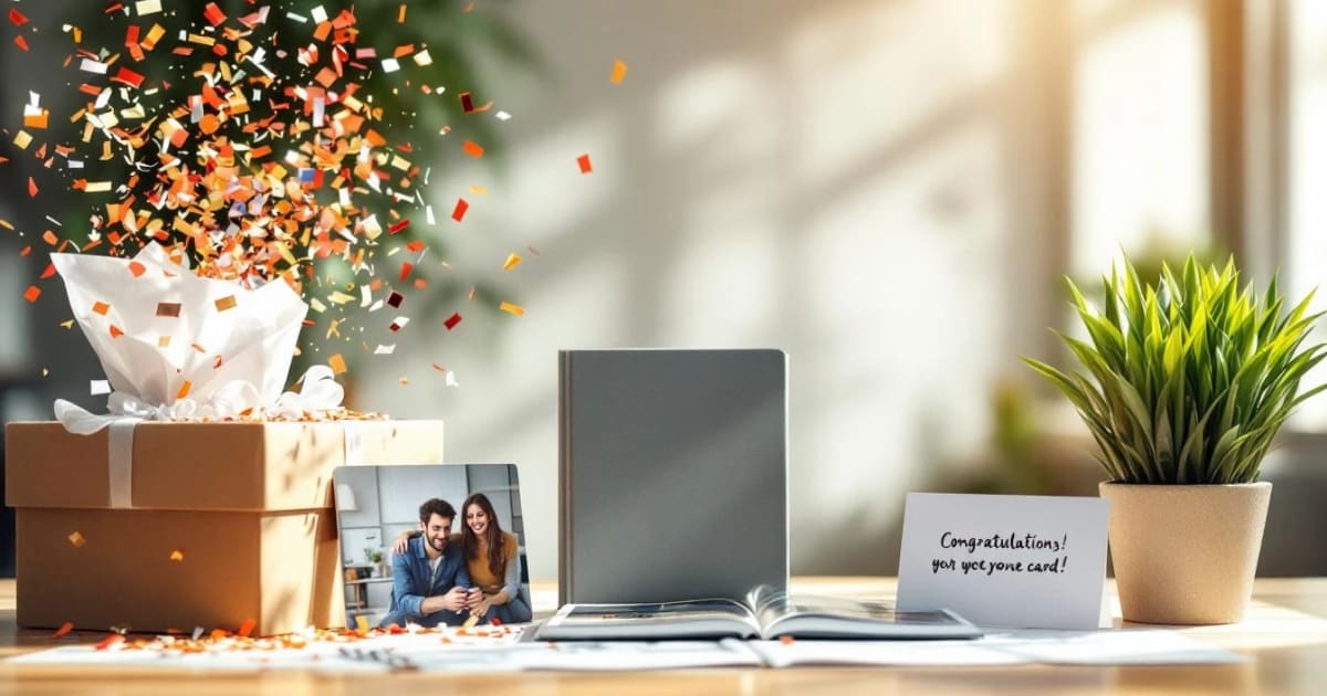 Creative employee milestone celebration items on a bright modern office desk with natural light