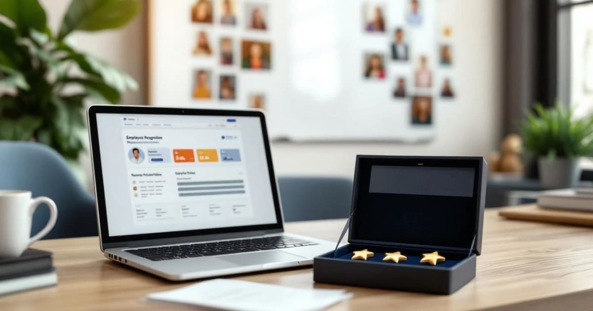 Modern HR office desk with employee recognition program materials, certificates, and gold star pins