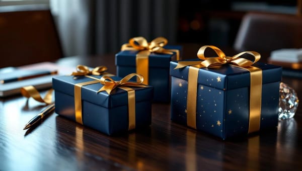Beautifully wrapped corporate gift boxes in navy blue and gold ribbon on a polished dark wood desk