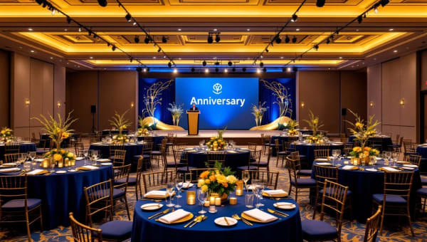 Elegant corporate anniversary event setup with navy blue tablecloths, gold centerpieces, and string lights in a ballroom