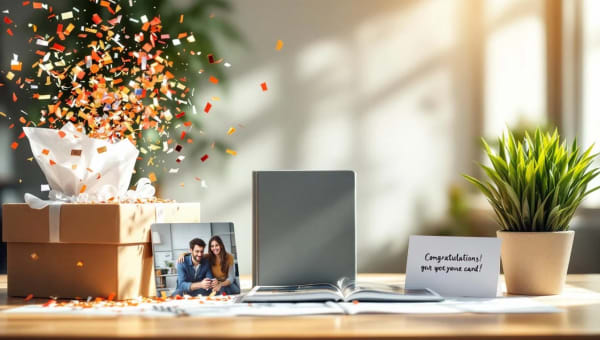 Creative employee milestone celebration items on a bright modern office desk with natural light