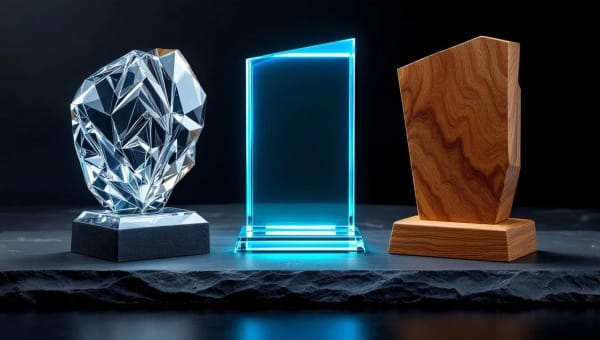 Crystal, acrylic, and wood awards side by side on dark slate with dramatic lighting highlighting material textures