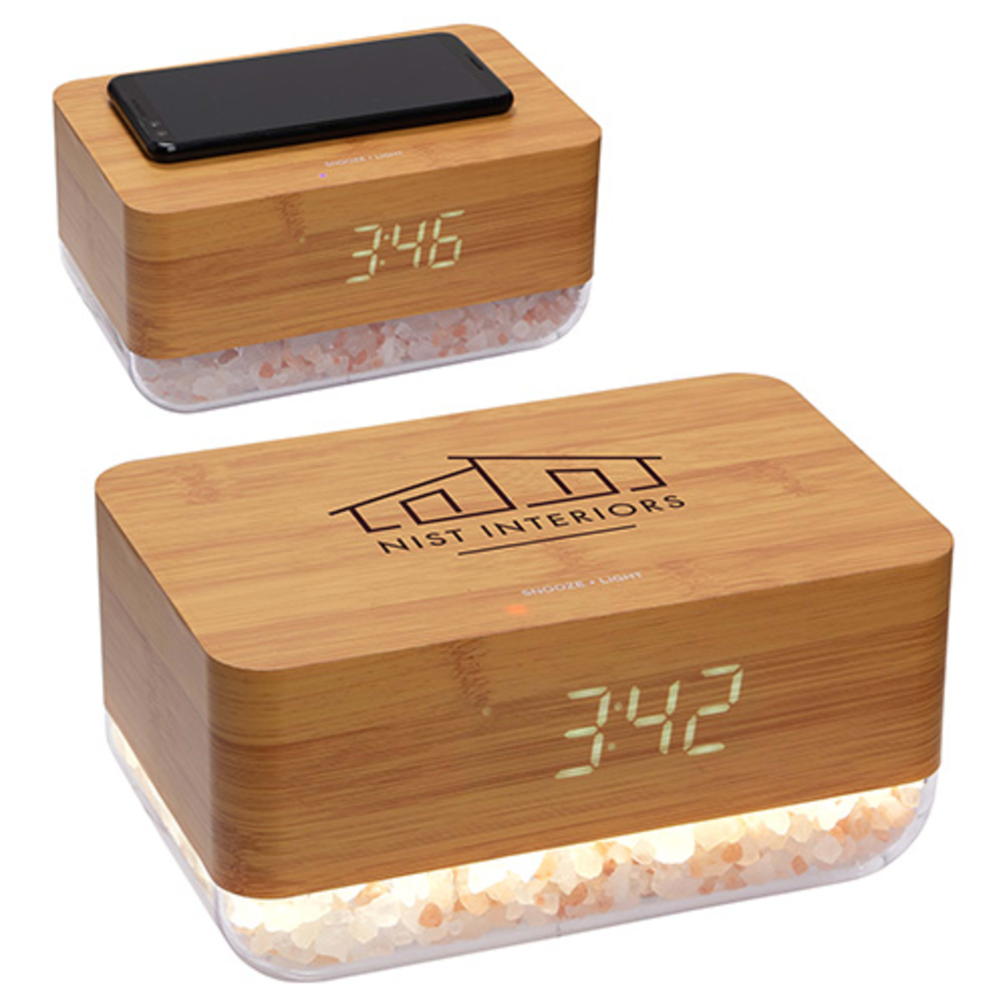 Sunrise Alarm Clock with Himalayan Salt Lamp + Wireless Charger - promotional product with custom logo