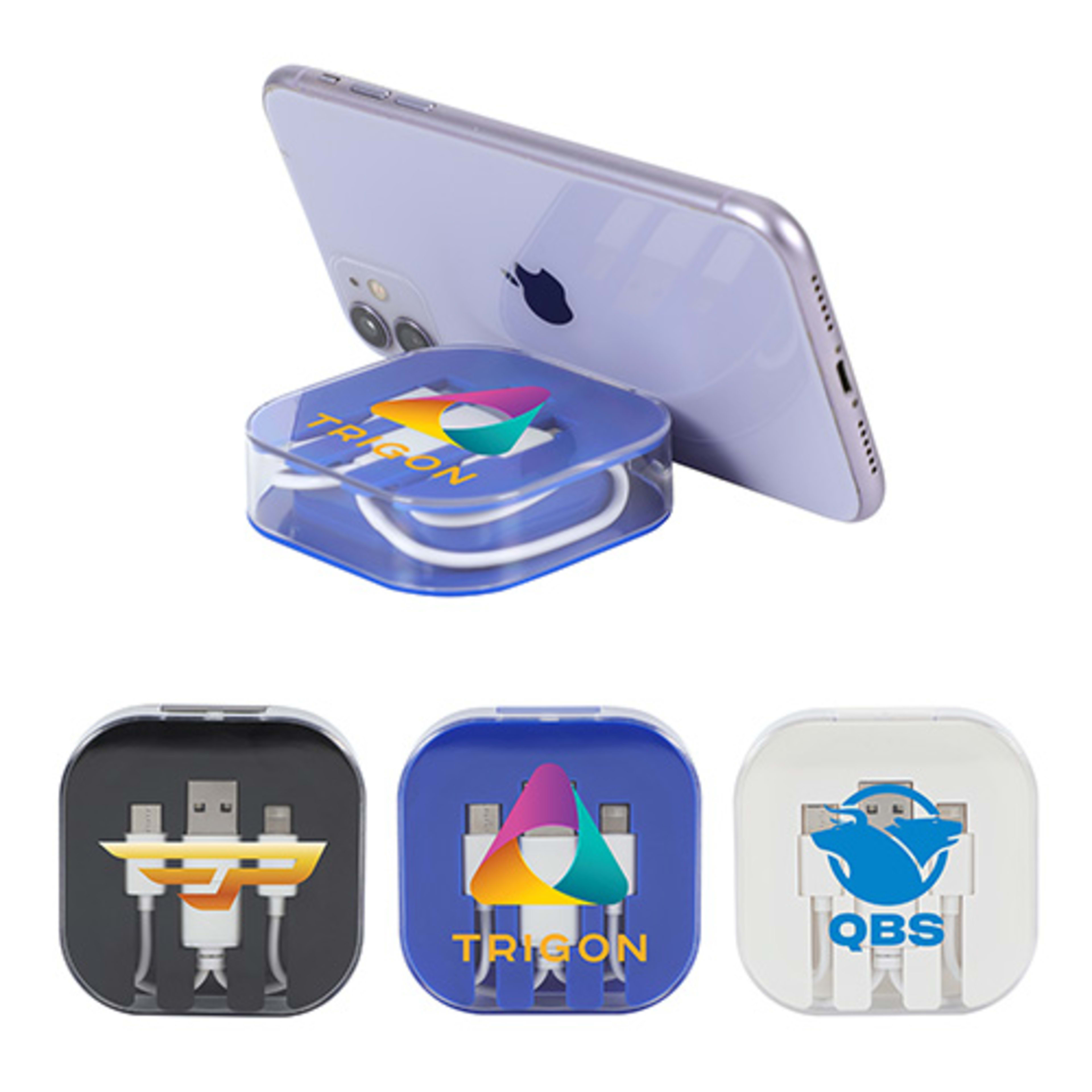 Tetra 4-in-1 Charging Cable With Recycled ABS Case & Built-In Phone Stand - promotional product with custom logo