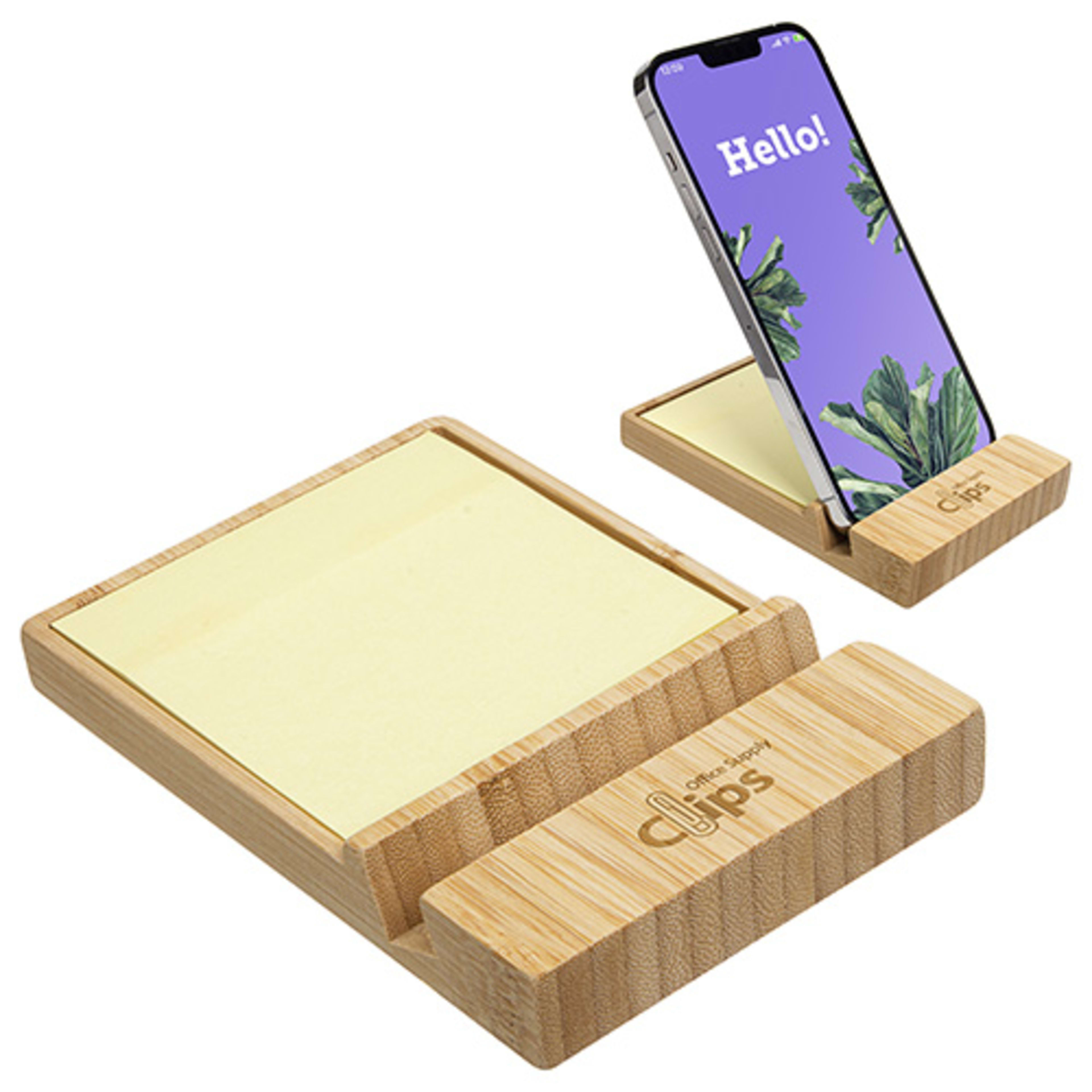 Bamboo Sticky Note Dispenser with Phone Holder - promotional product with custom logo
