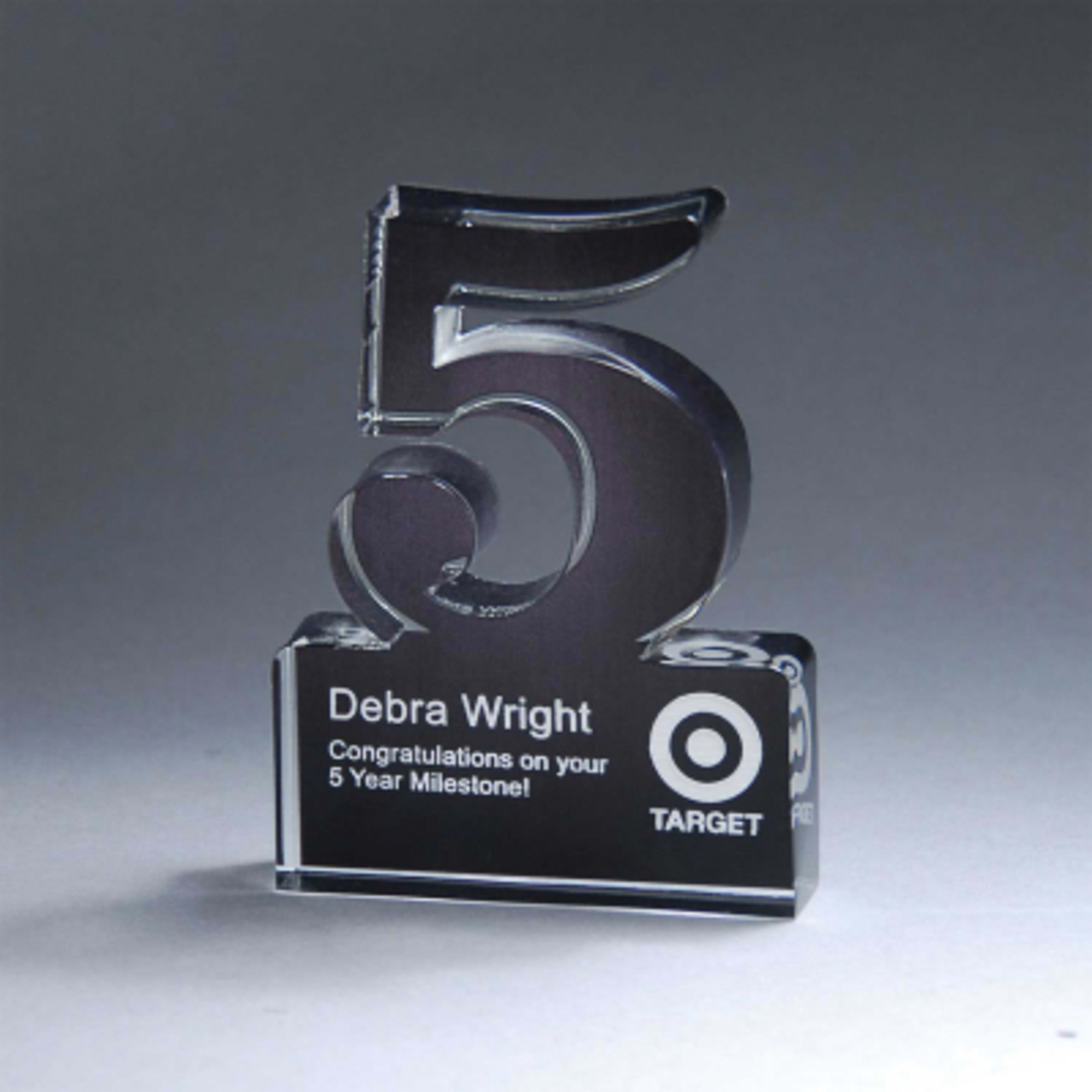 Freestanding Lucite Anniversary Award 5 Year - 3¼ x 4 in - Group Shot - promotional product with custom logo