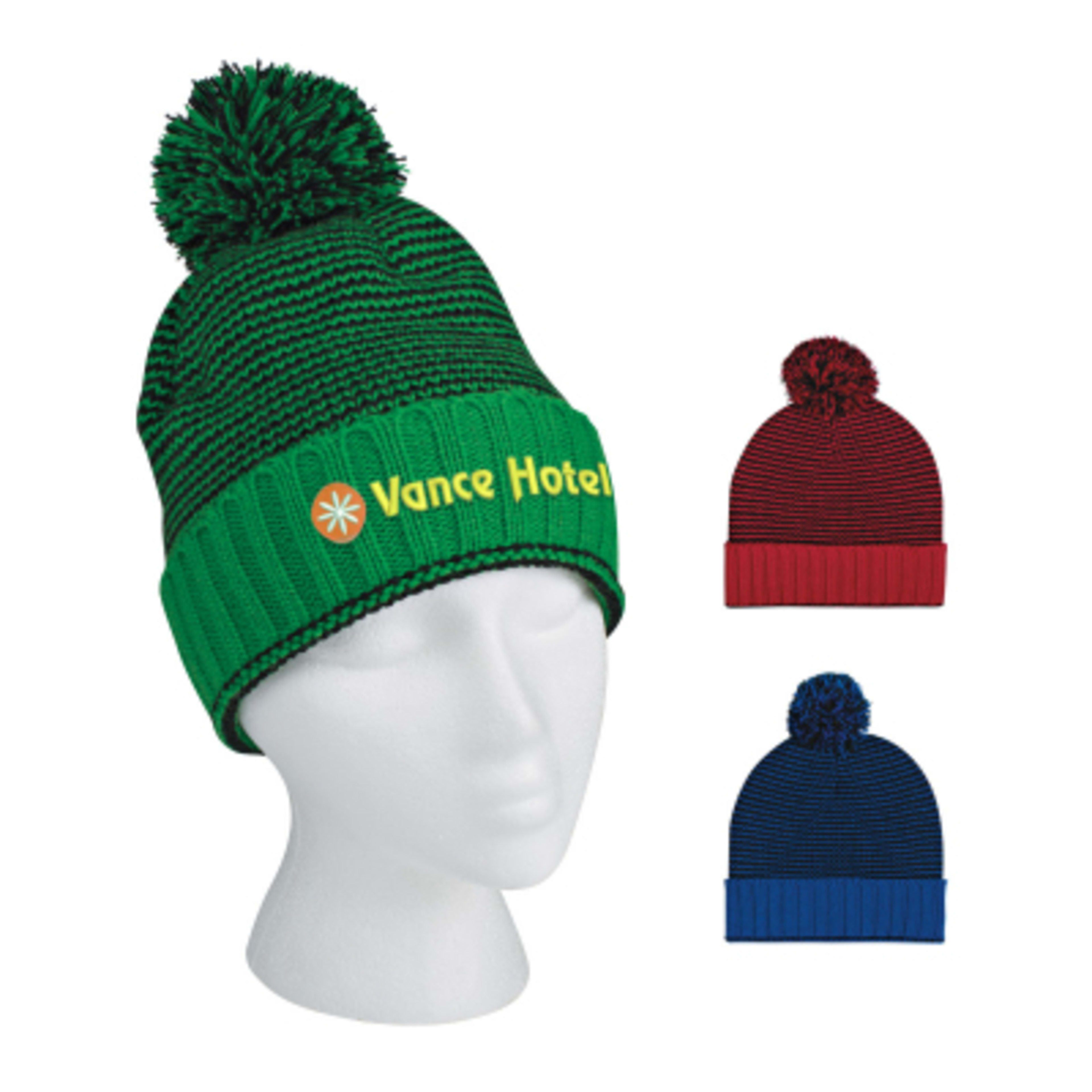Knit Pom Striped Beanie with Cuff - Acrylic (One Size) - Group Shot - promotional product with custom logo