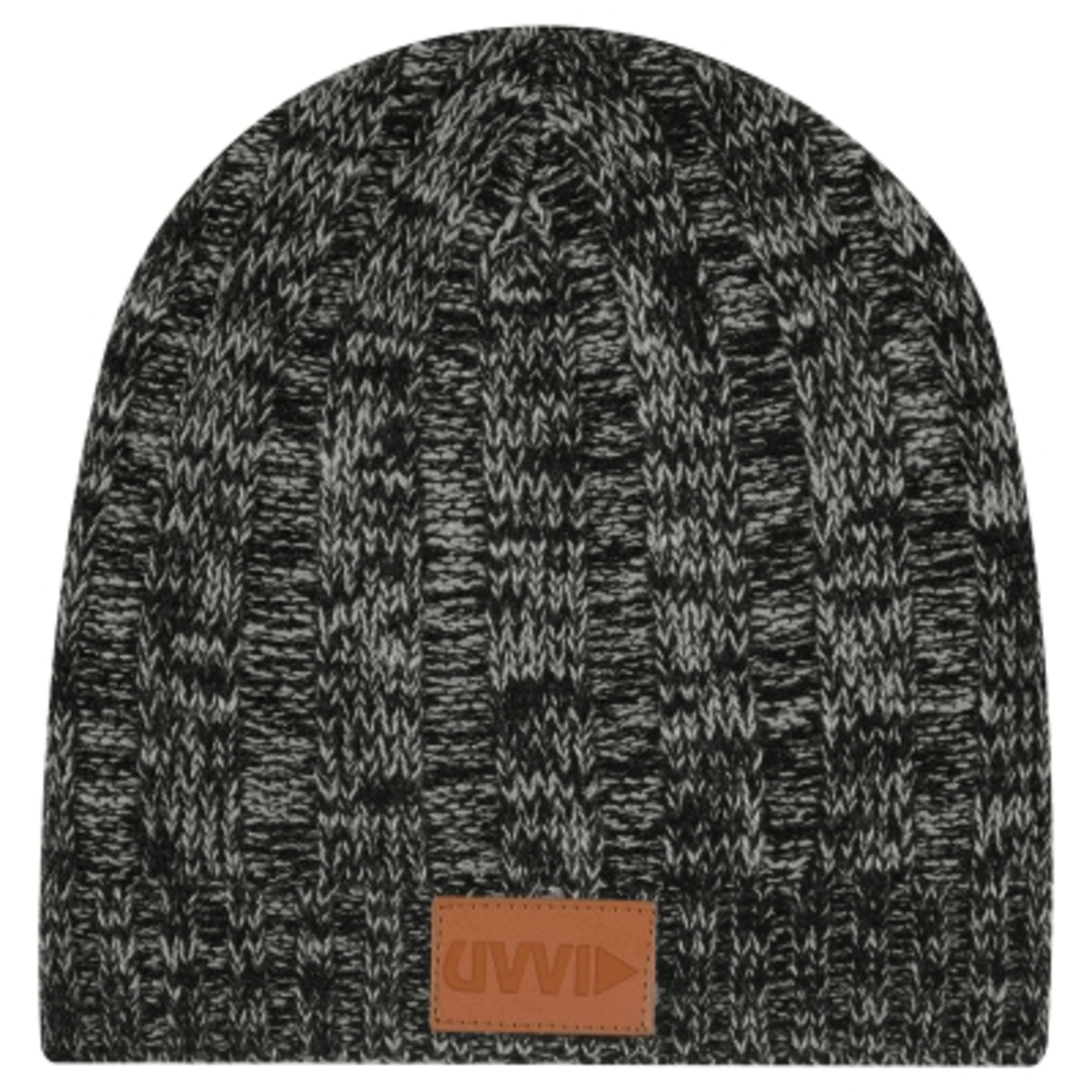 Knit Beanie with Leatherette Patch - Acrylic (One Size) - Black - Debossed - product view 1