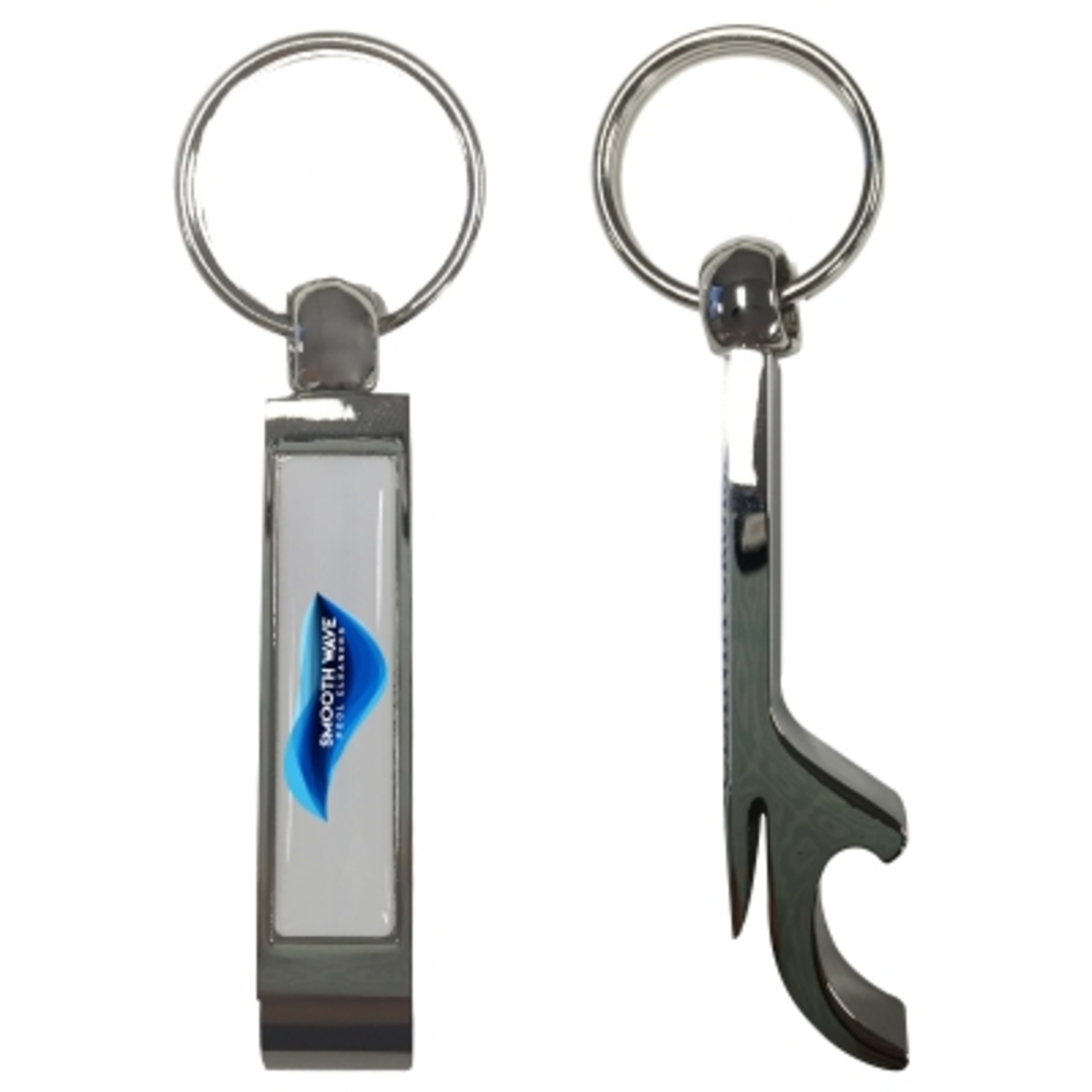 Bottle Opener Key Tag Dome Zinc Alloy Nickel - 2.1 x 0.5 in - Group Shot - promotional product with custom logo