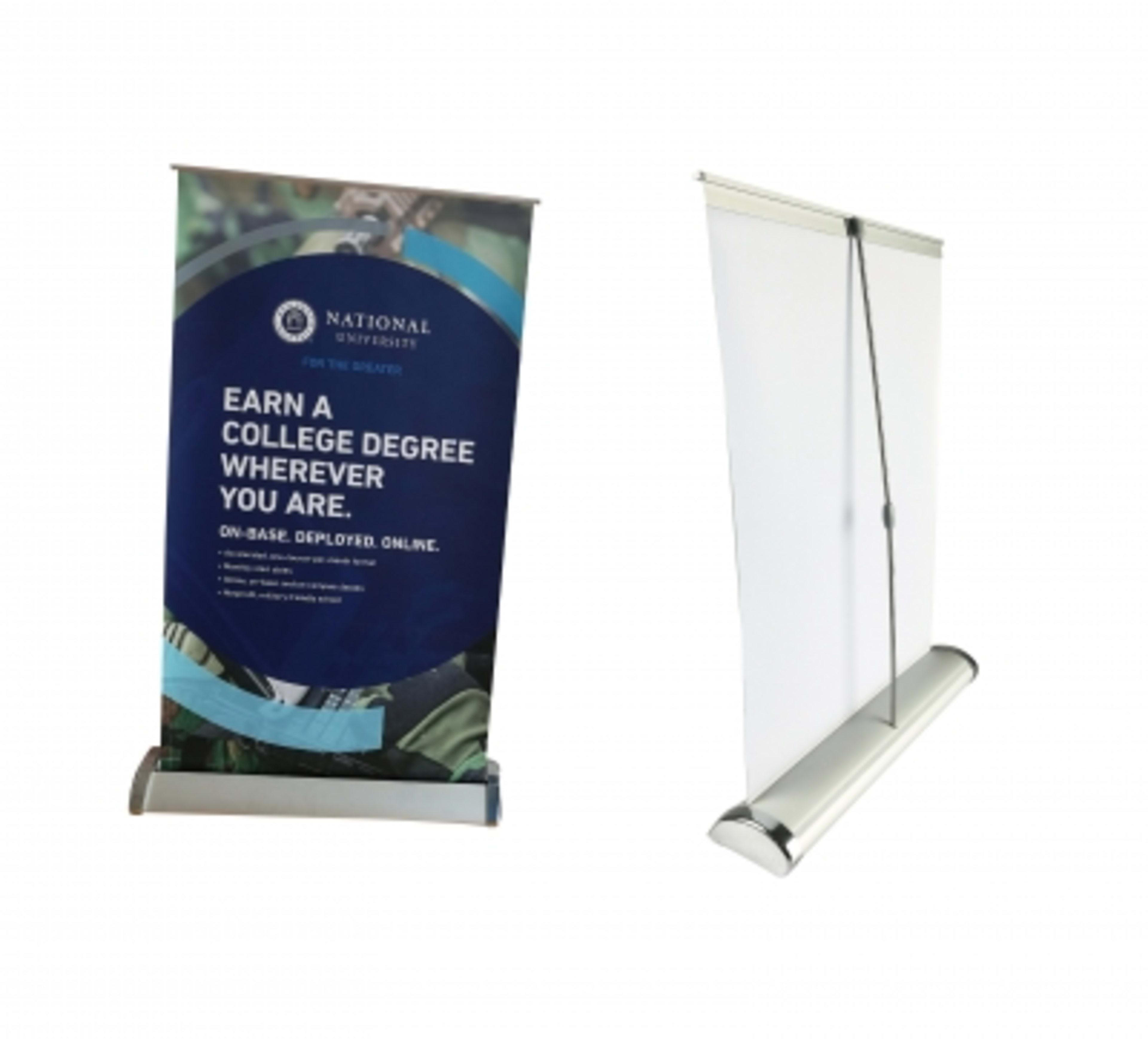 Tabletop Retractable Banner PVC Aluminum Stand - 8.27 x 11.81 in - Group Shot - promotional product with custom logo