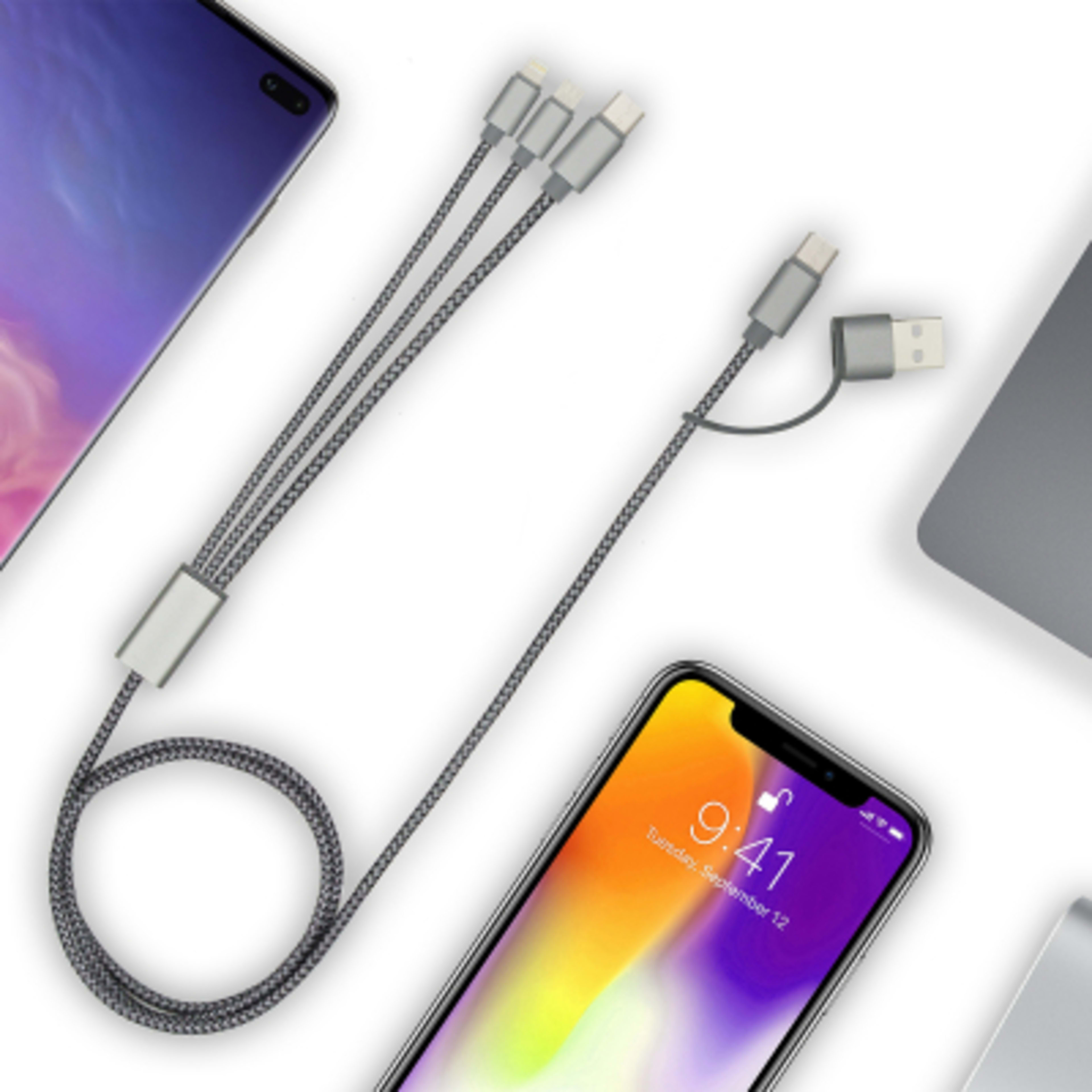 3-in-1 Charging Cable rPET Woven 2.1A - 3 ft - In Use - product view 3