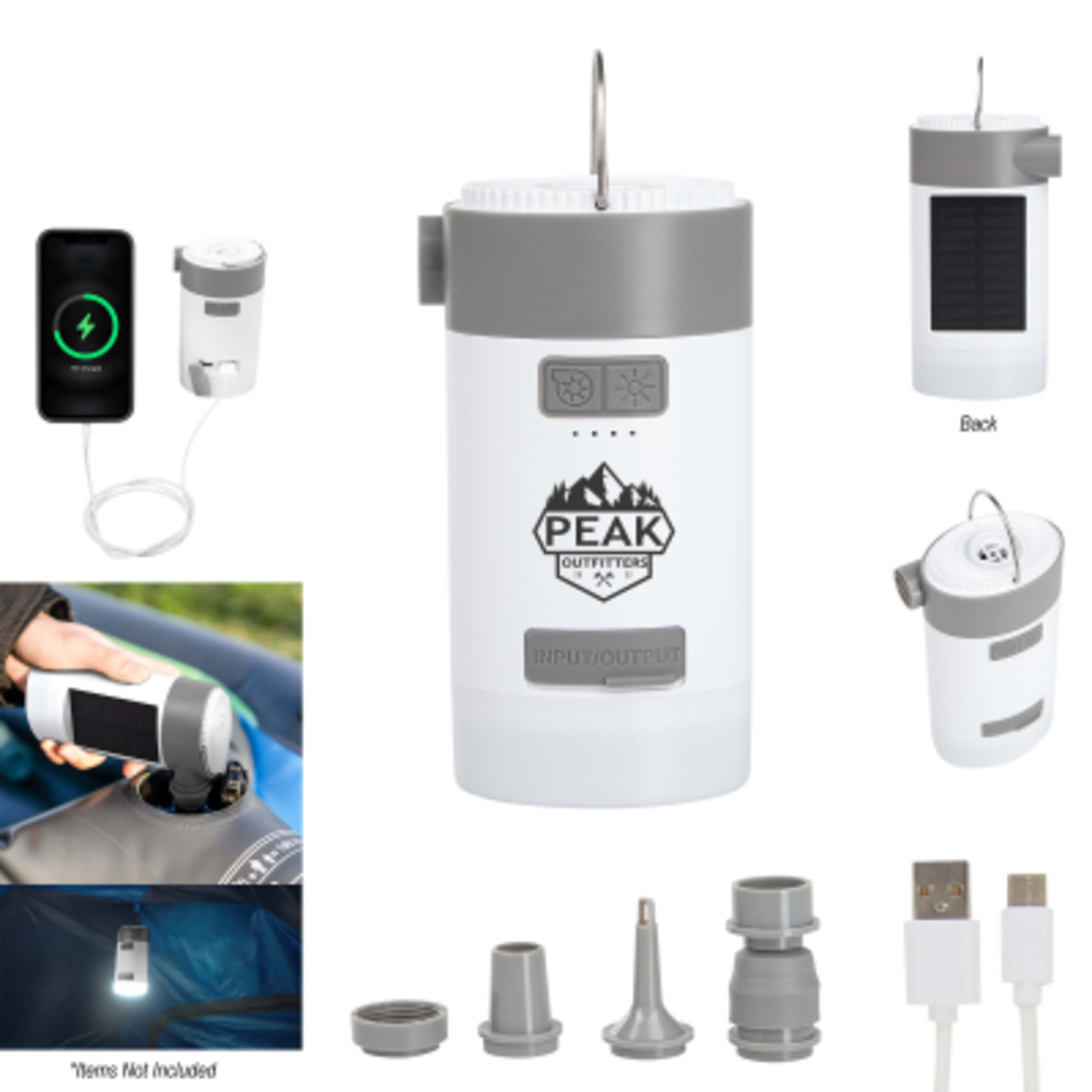 3-in-1 Portable Air Pump Solar Light Charger - 3 x 5 in - White/Gray - Silkscreen - product view 2