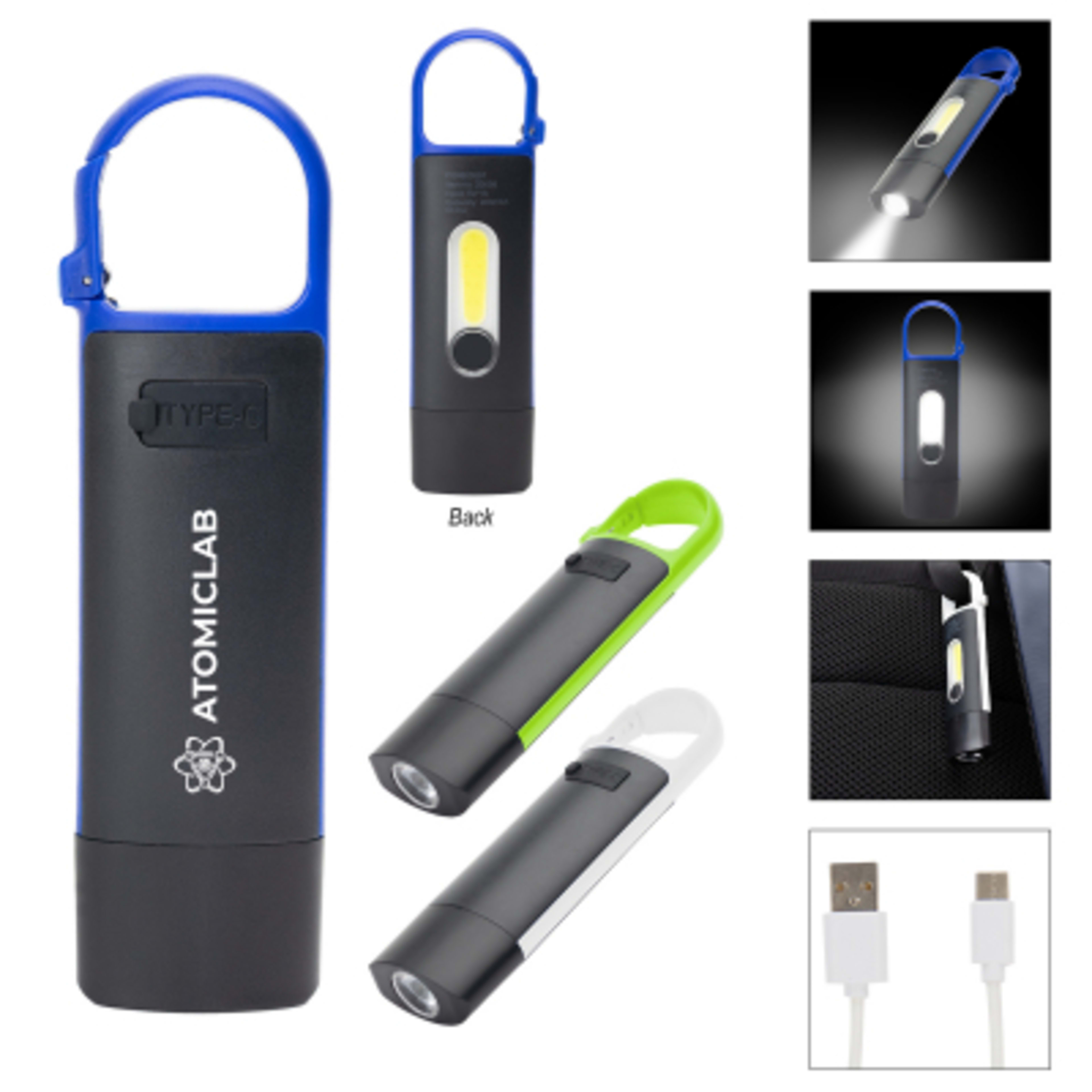Rechargeable Carabiner COB Flashlight 3 Settings - 4.5 in - Group Shot - promotional product with custom logo
