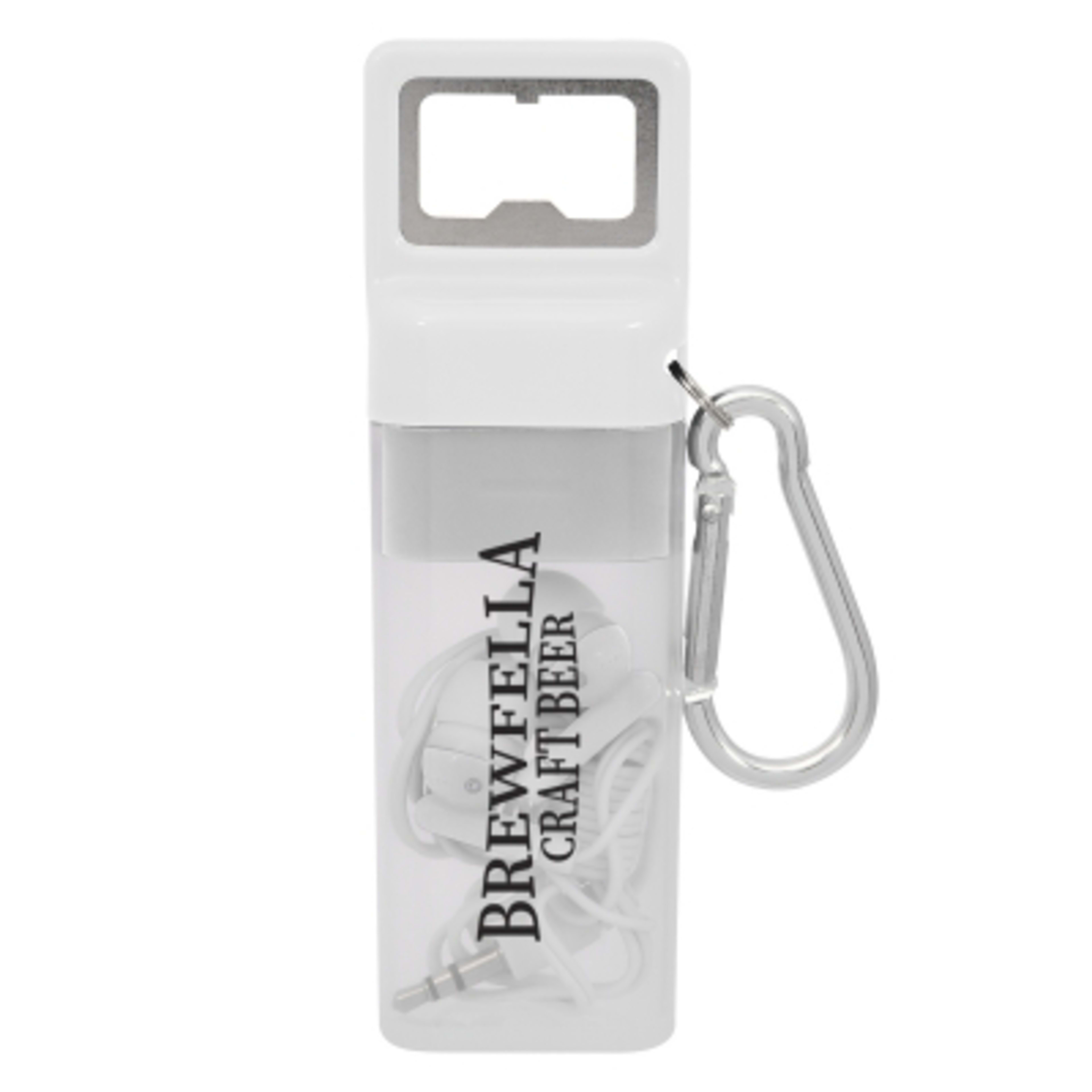 Earbuds Set with Bottle Opener and Carabiner - 48 in Cord - White/White - Padprint - promotional product with custom logo