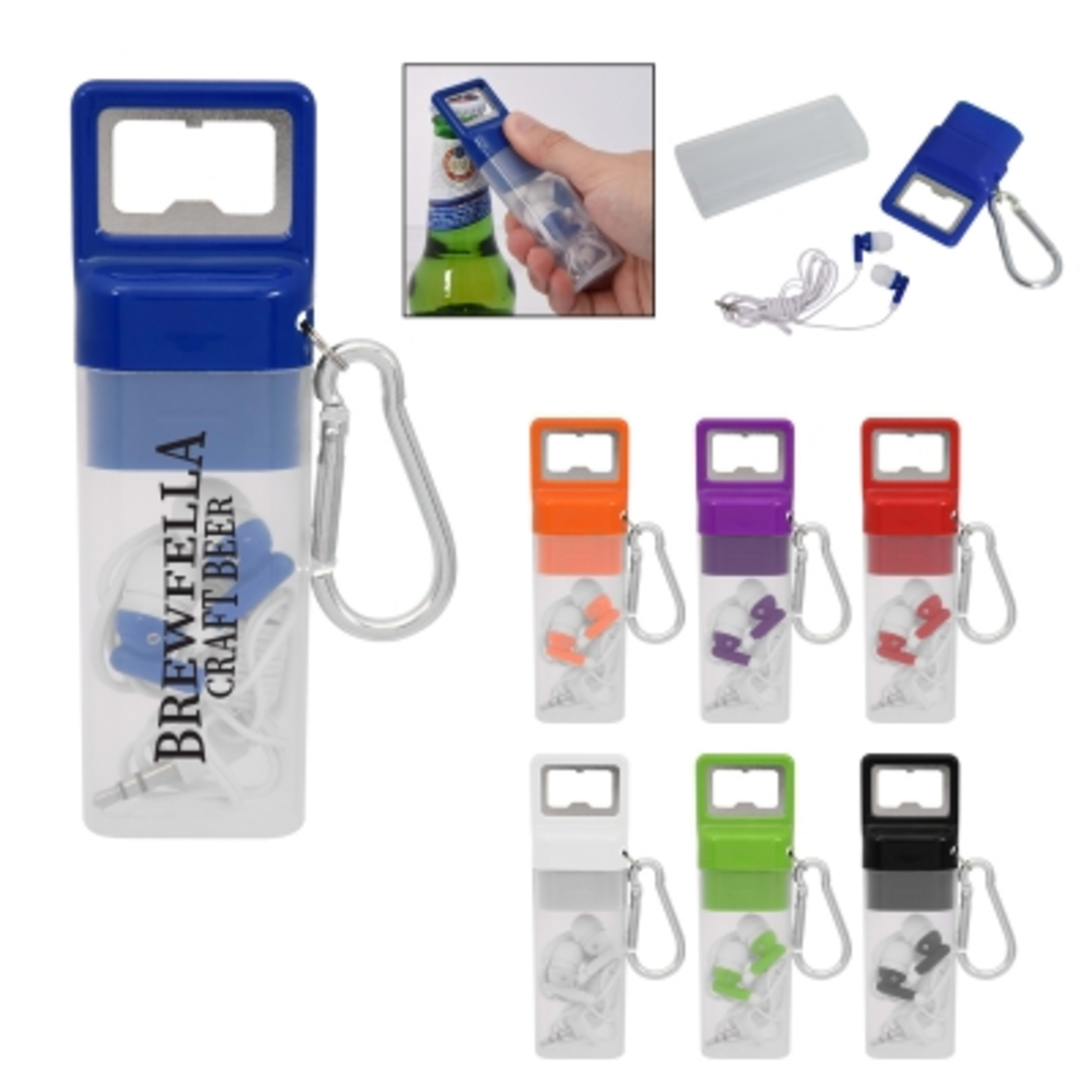 Earbuds Set with Bottle Opener and Carabiner - 48 in Cord - Group Shot - product view 2