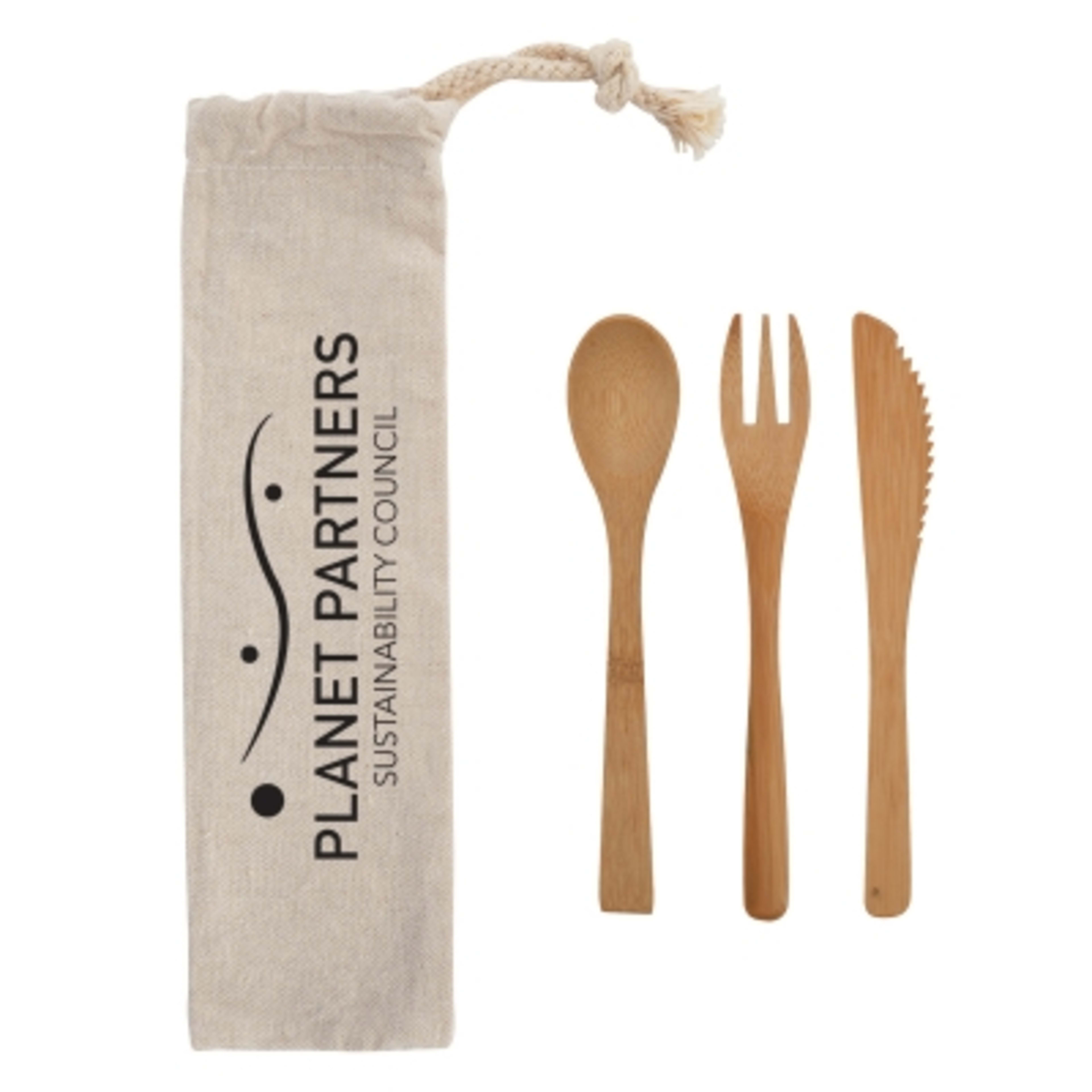 Bamboo Utensil Set with Cotton Travel Pouch - 6 in Utensils - Silkscreen - promotional product with custom logo