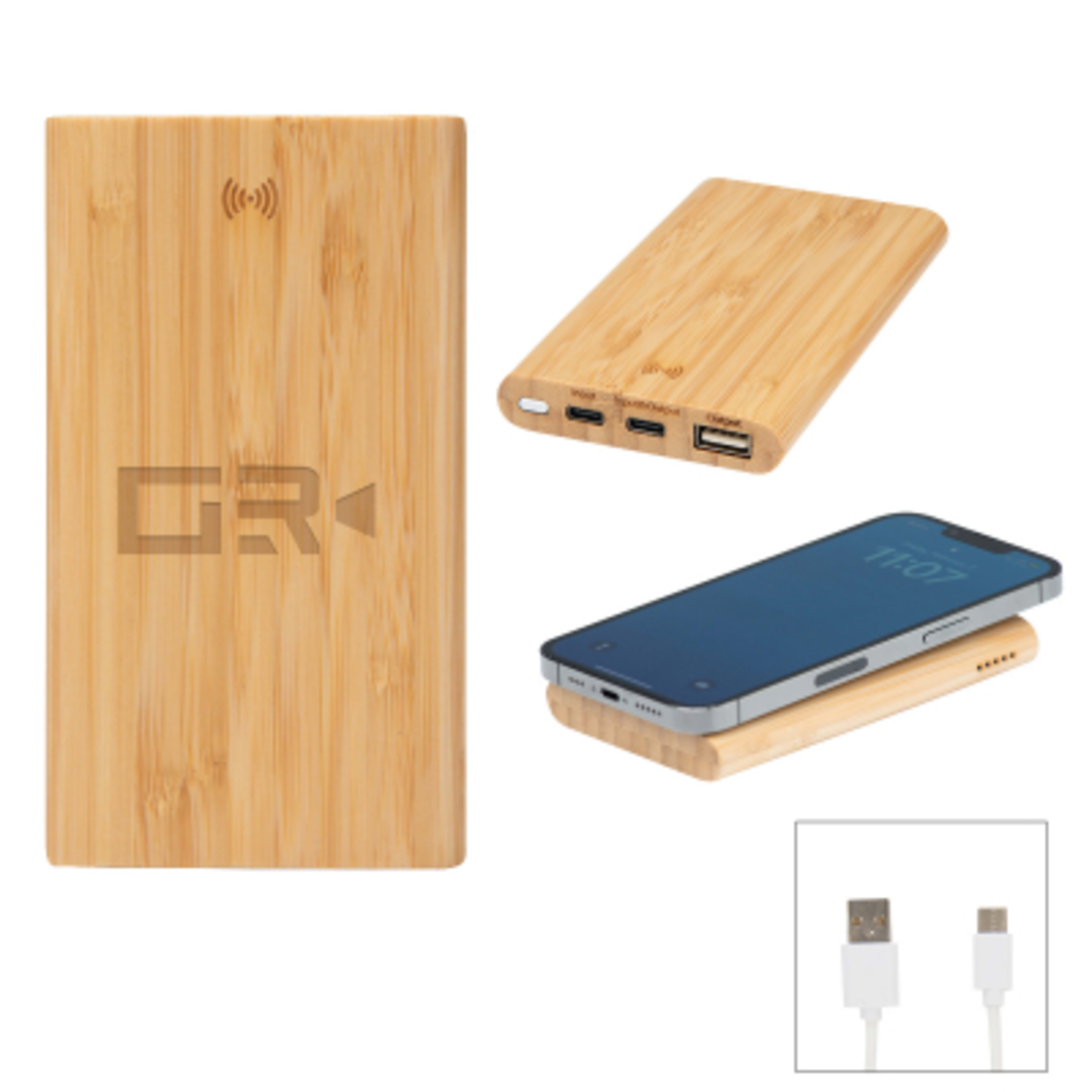 Power Bank Bamboo Wireless Charger - 5,000 mAh - Group Shot - product view 1