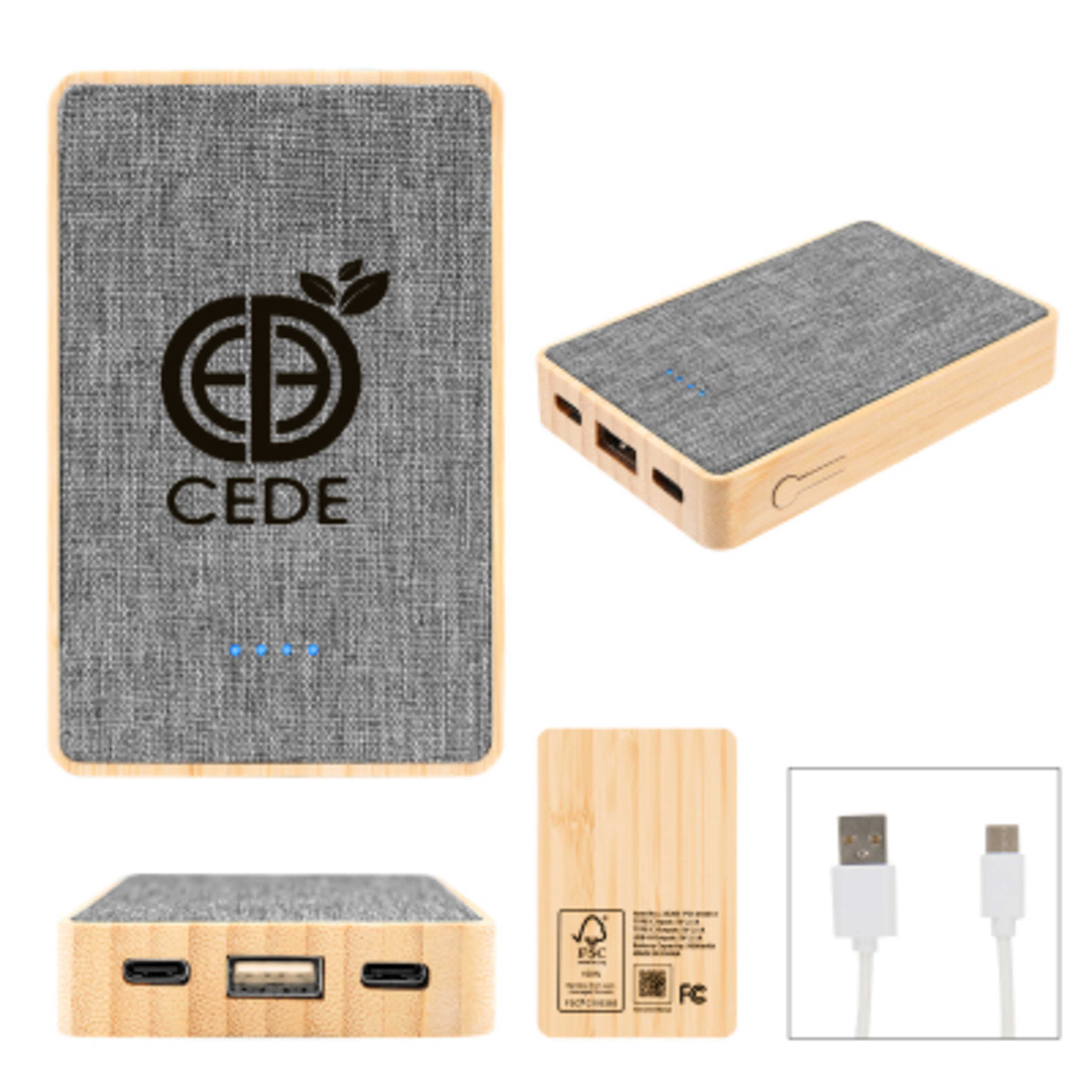 Power Bank Bamboo rPET Fabric - 5000 mAh - FSC/Gray/BAM - Silkscreen - product view 1