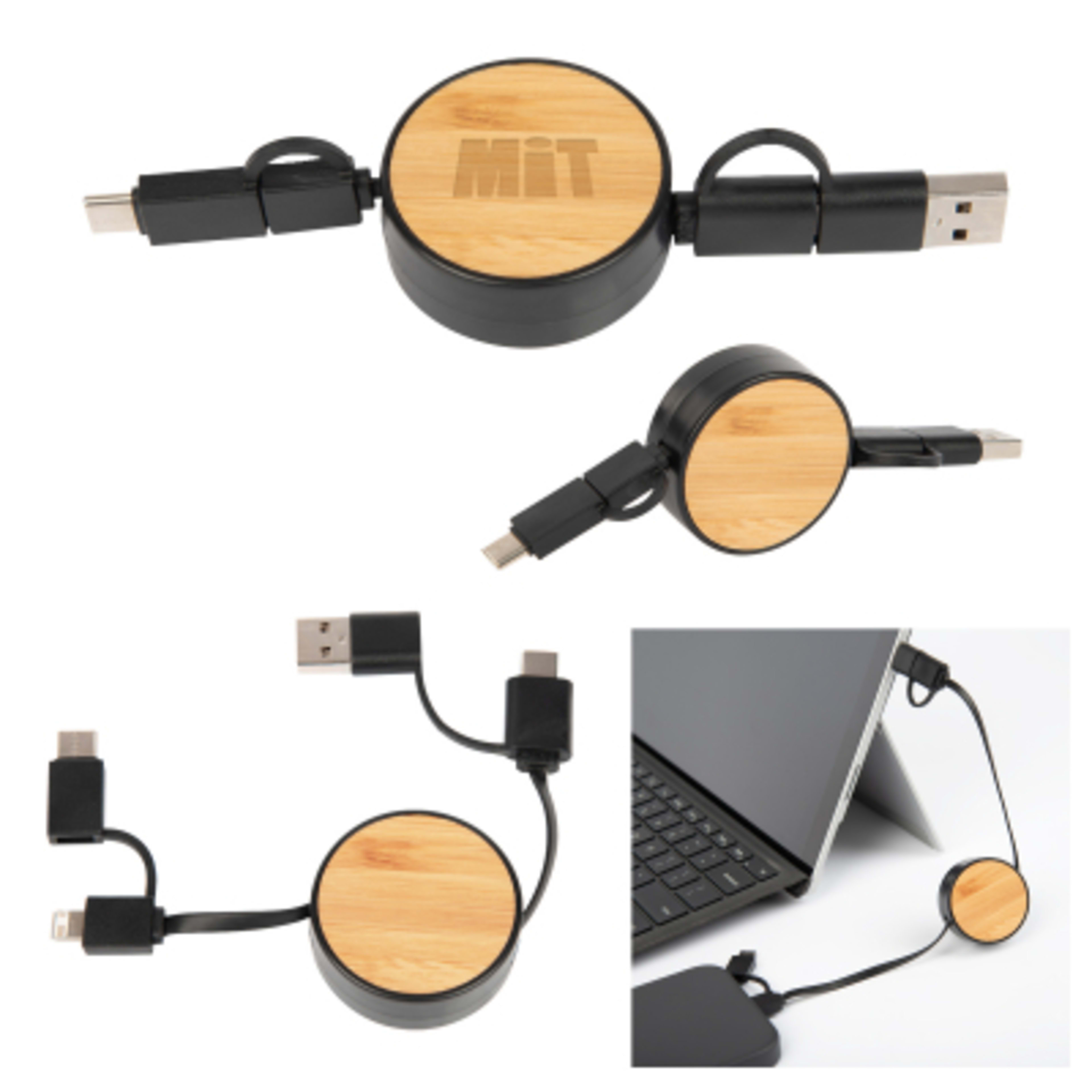 Charging Cable Bamboo Retractable 3-in-1 - Group Shot - product view 2