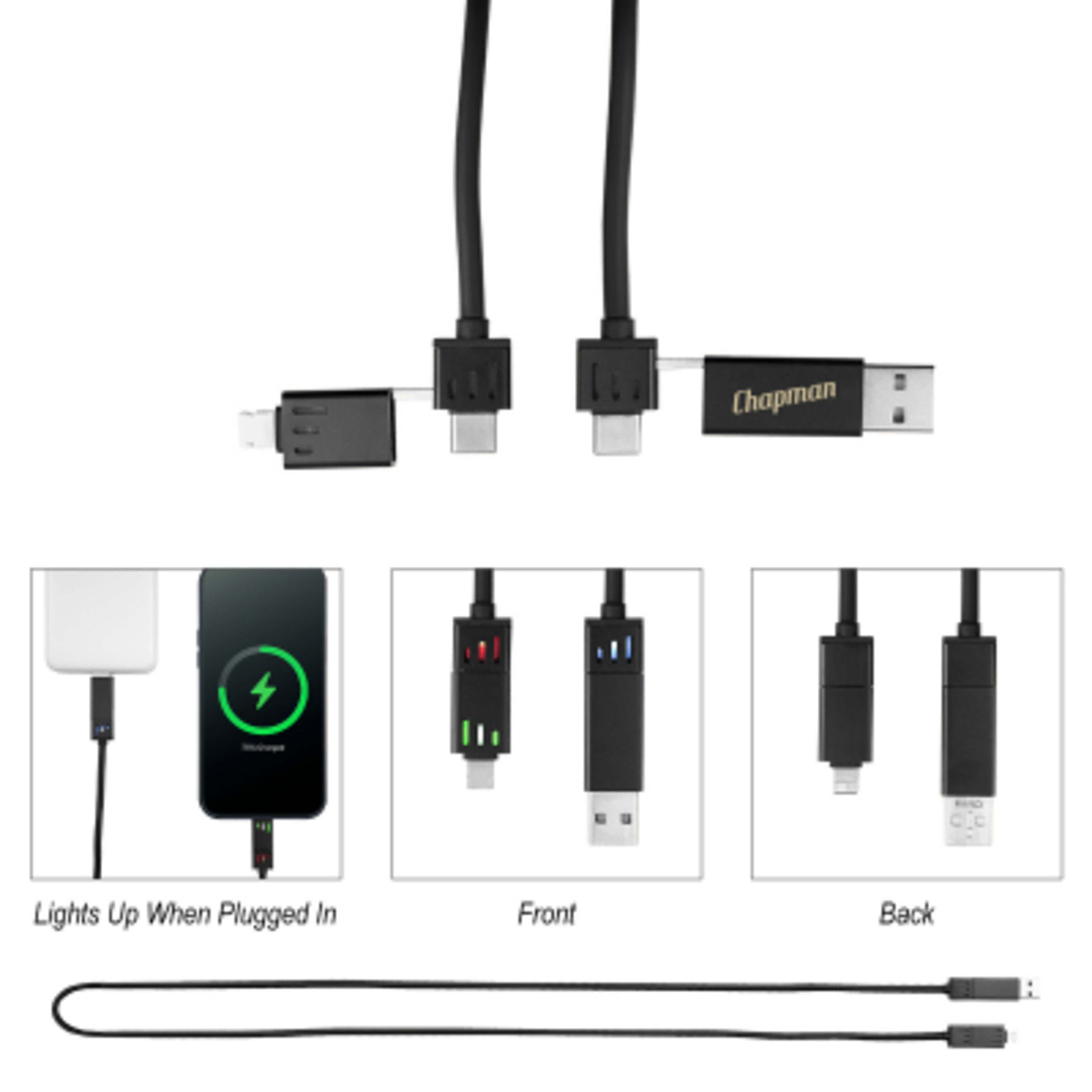 Light-Up Quick Charge Cable 100W Multi-Device - 3 ft - Black - Padprint - product view 2