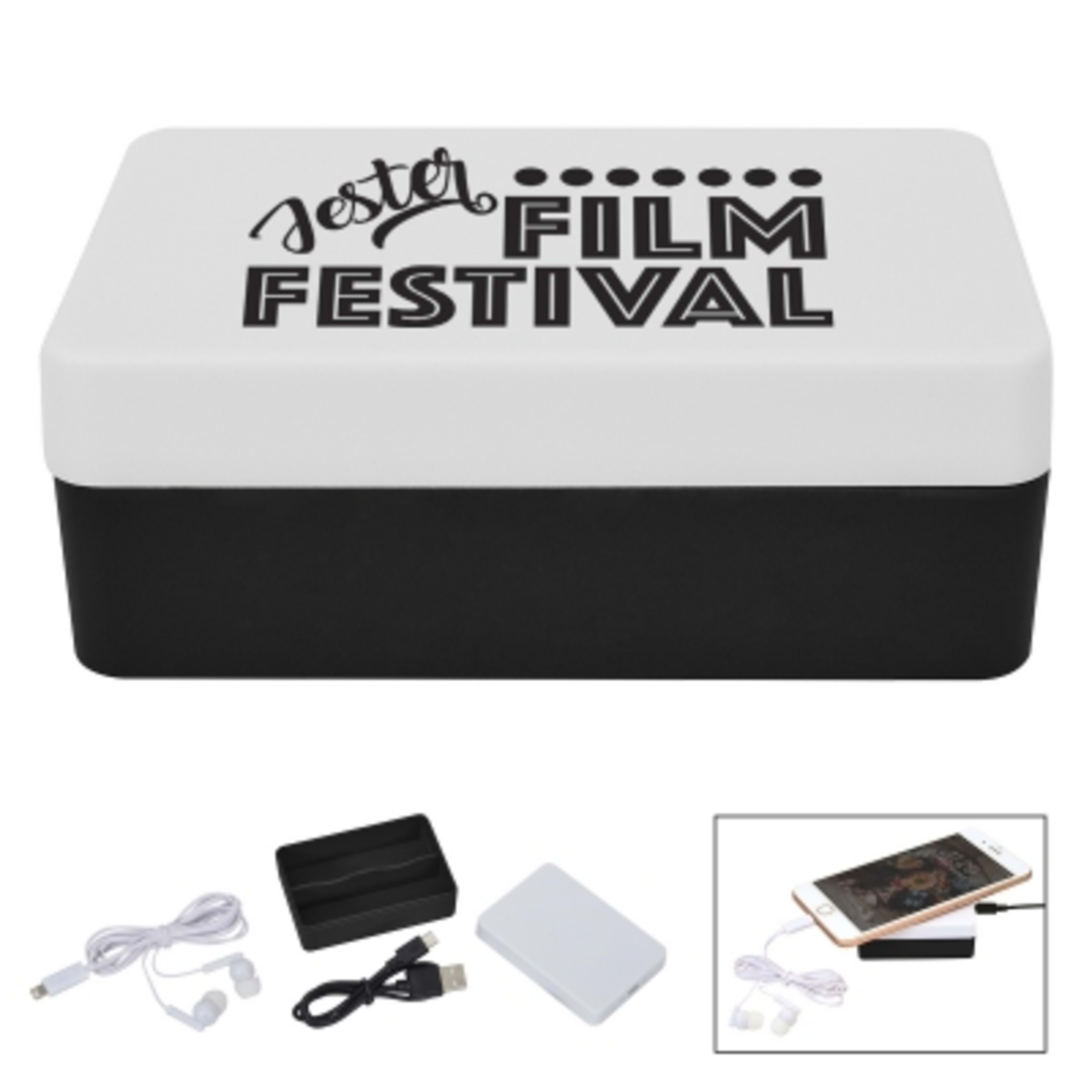 Wireless Charging Kit with Storage and Earbuds - White/Black - Silkscreen - product view 2