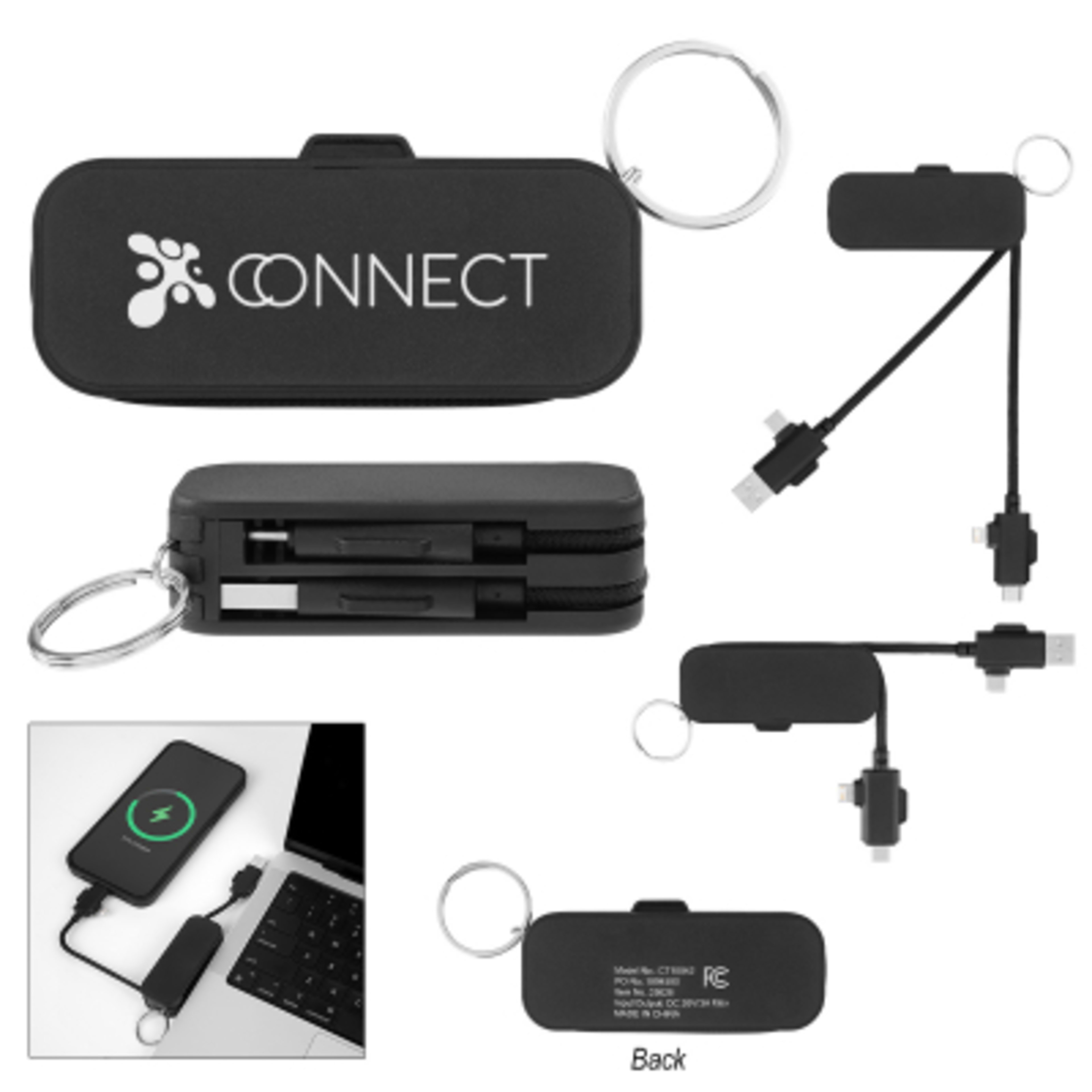Fast Charging Cable Keyring Multi-Device - 3 in - Black - Silkscreen - product view 2