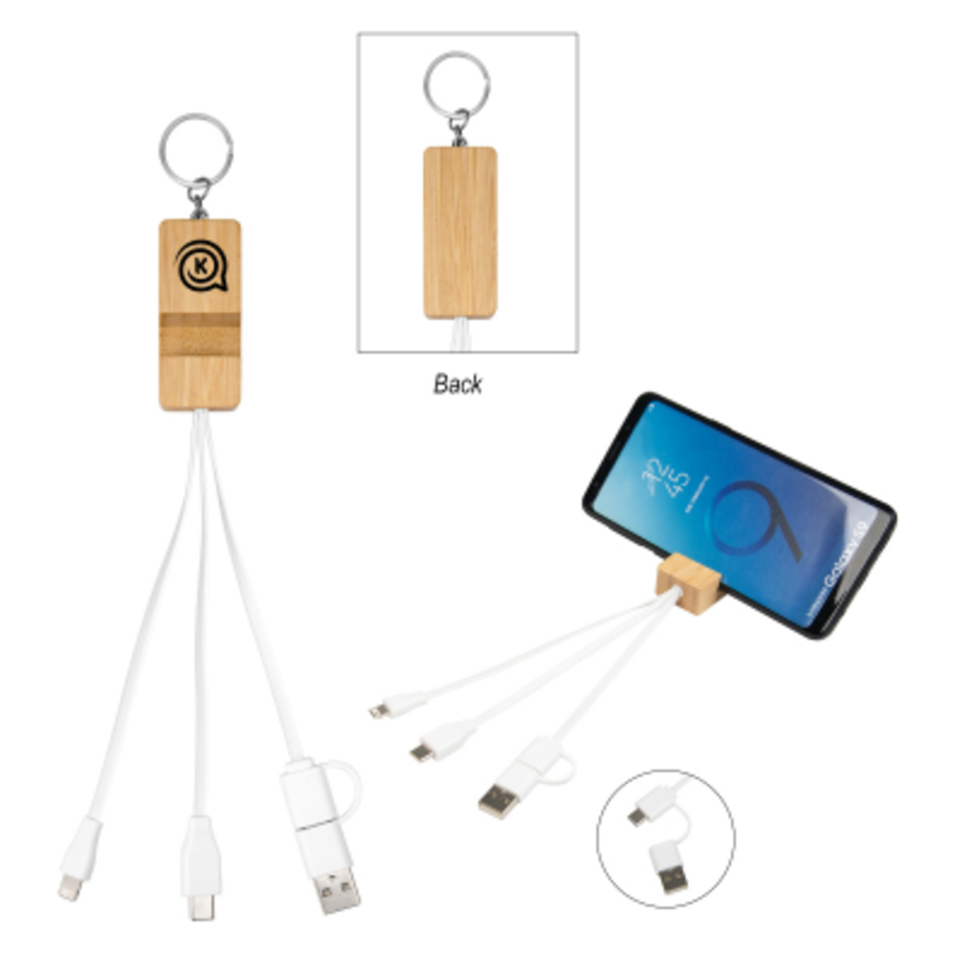 Bamboo Phone Holder Keyring with Multi Charging Cables - 6.5 in - Group Shot - product view 2