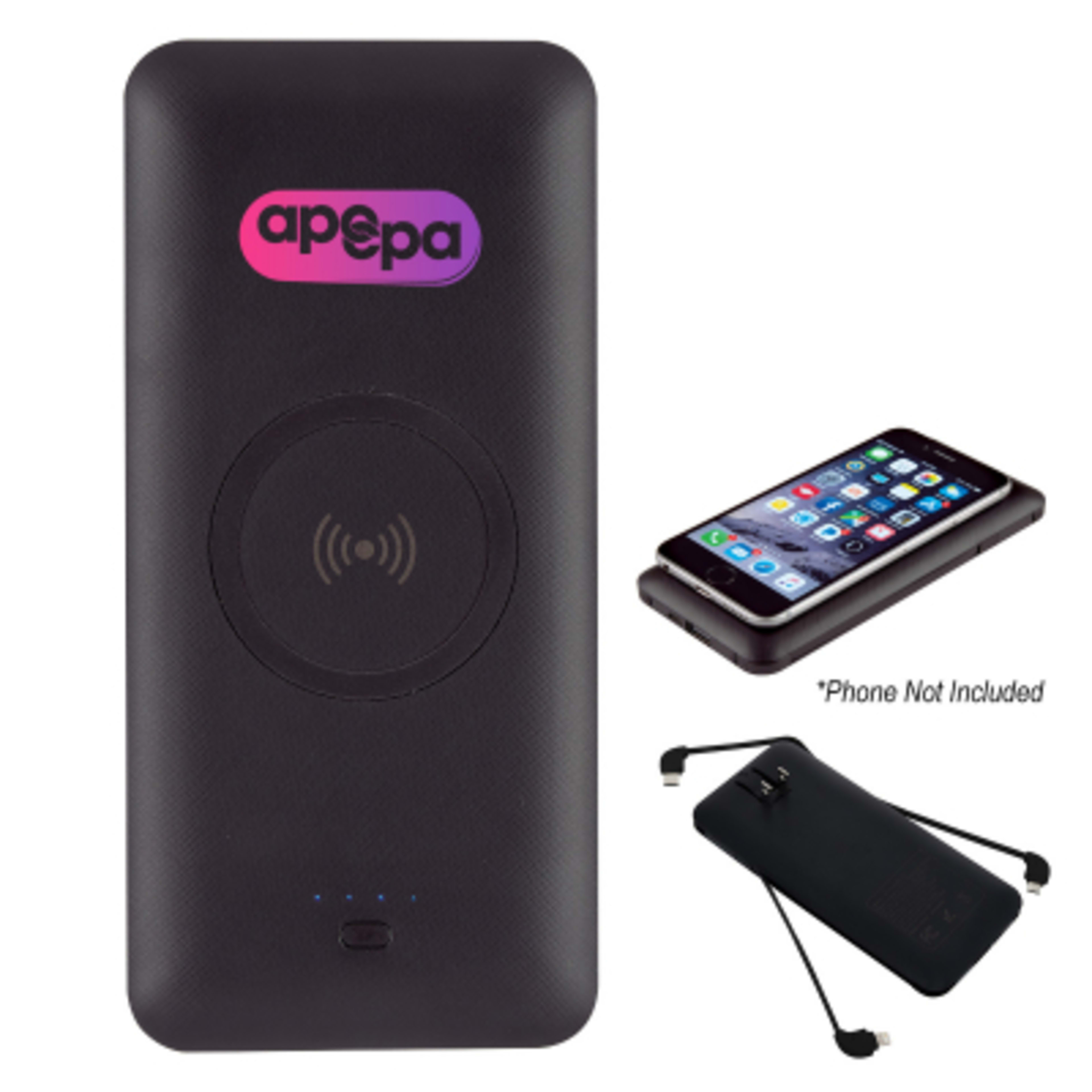 5-in-1 Wireless Power Bank with Built-in Cables - 5000 mAh - Black - Digibrite - promotional product with custom logo