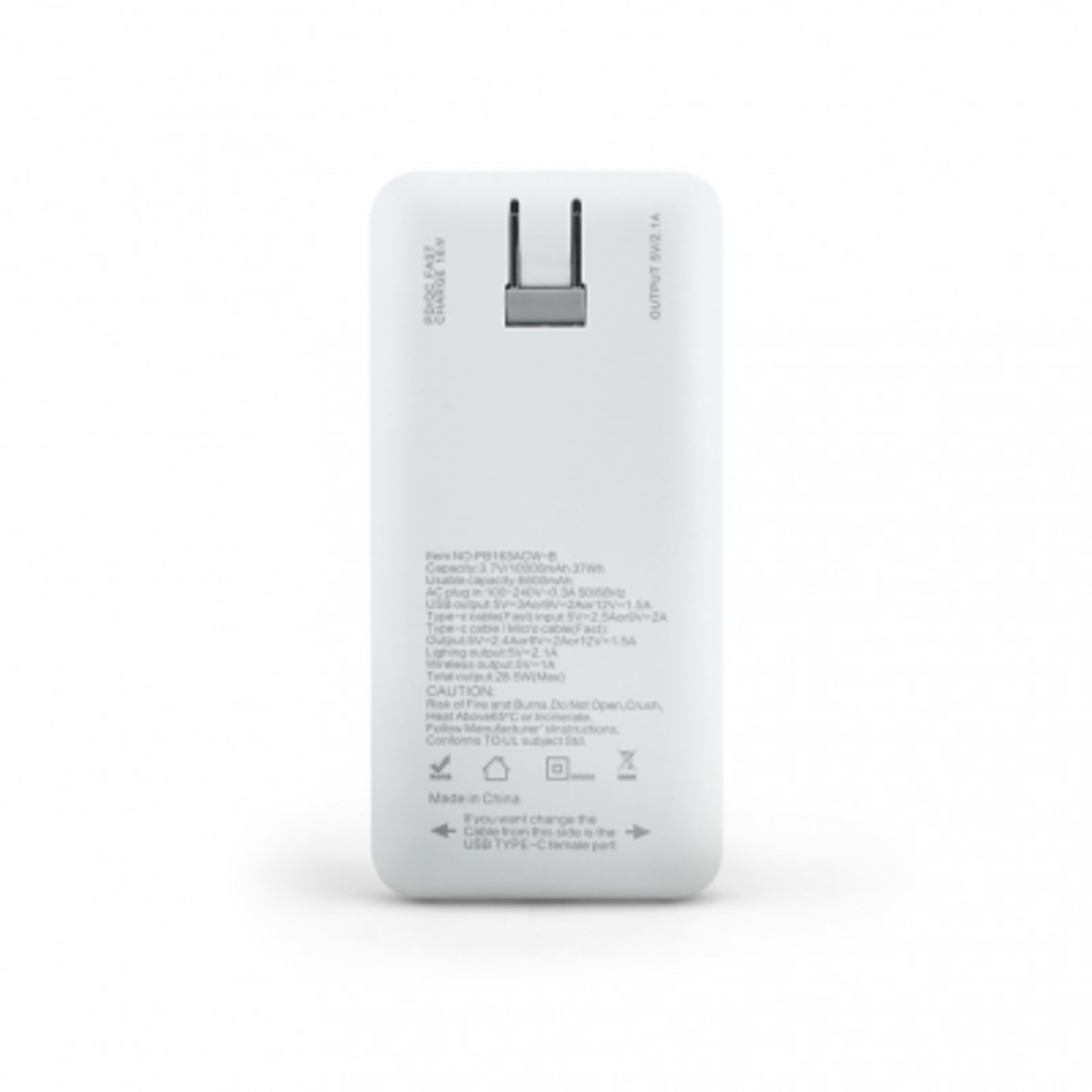 Chi-Charge Pro Wireless Power Bank with Built-in Cables - 10000 mAh - White - Back - product view 2