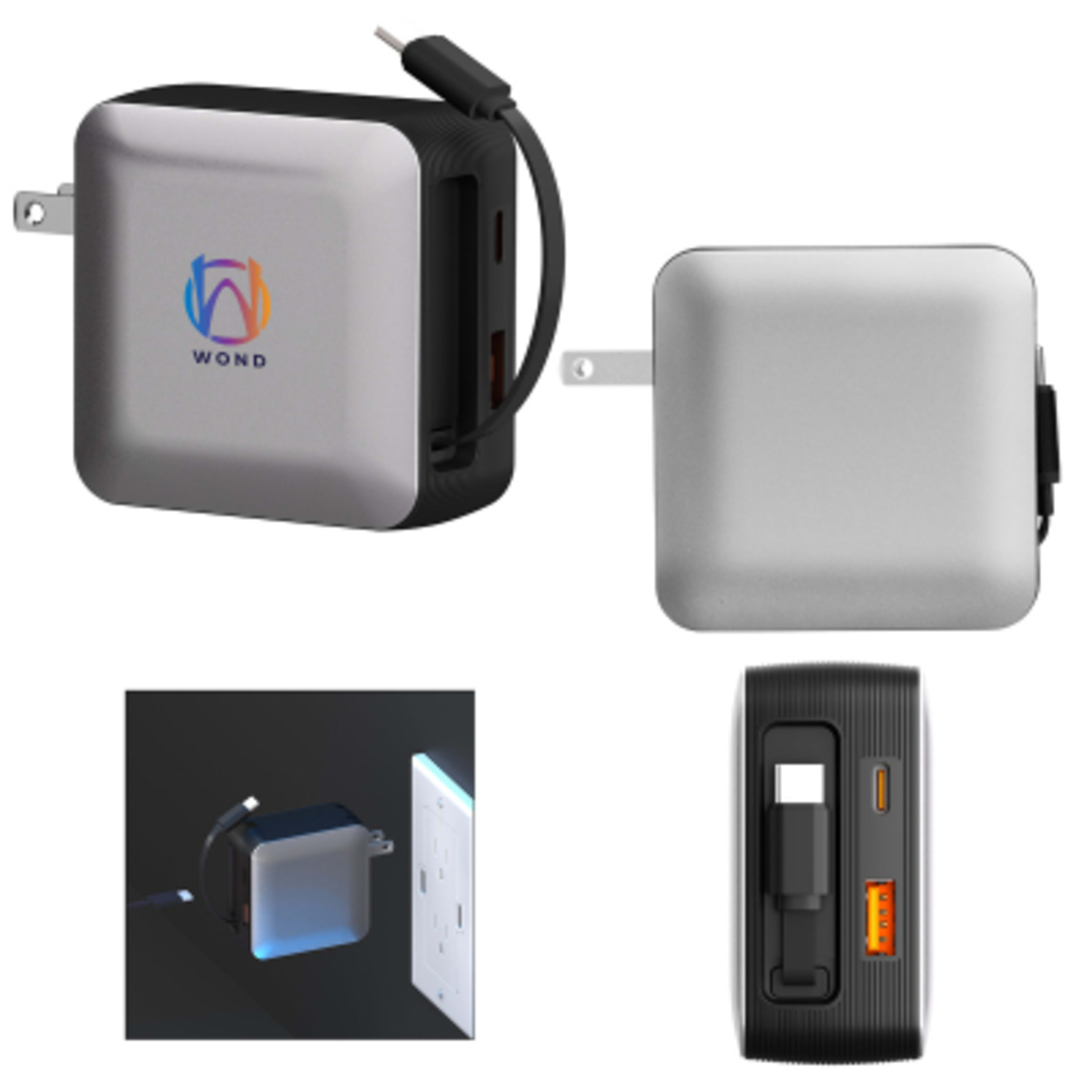 Wall Charger 65W Multi-Port GaN - 2.5 x 2.5 x 1.25 in - Gray - Digibrite - product view 2