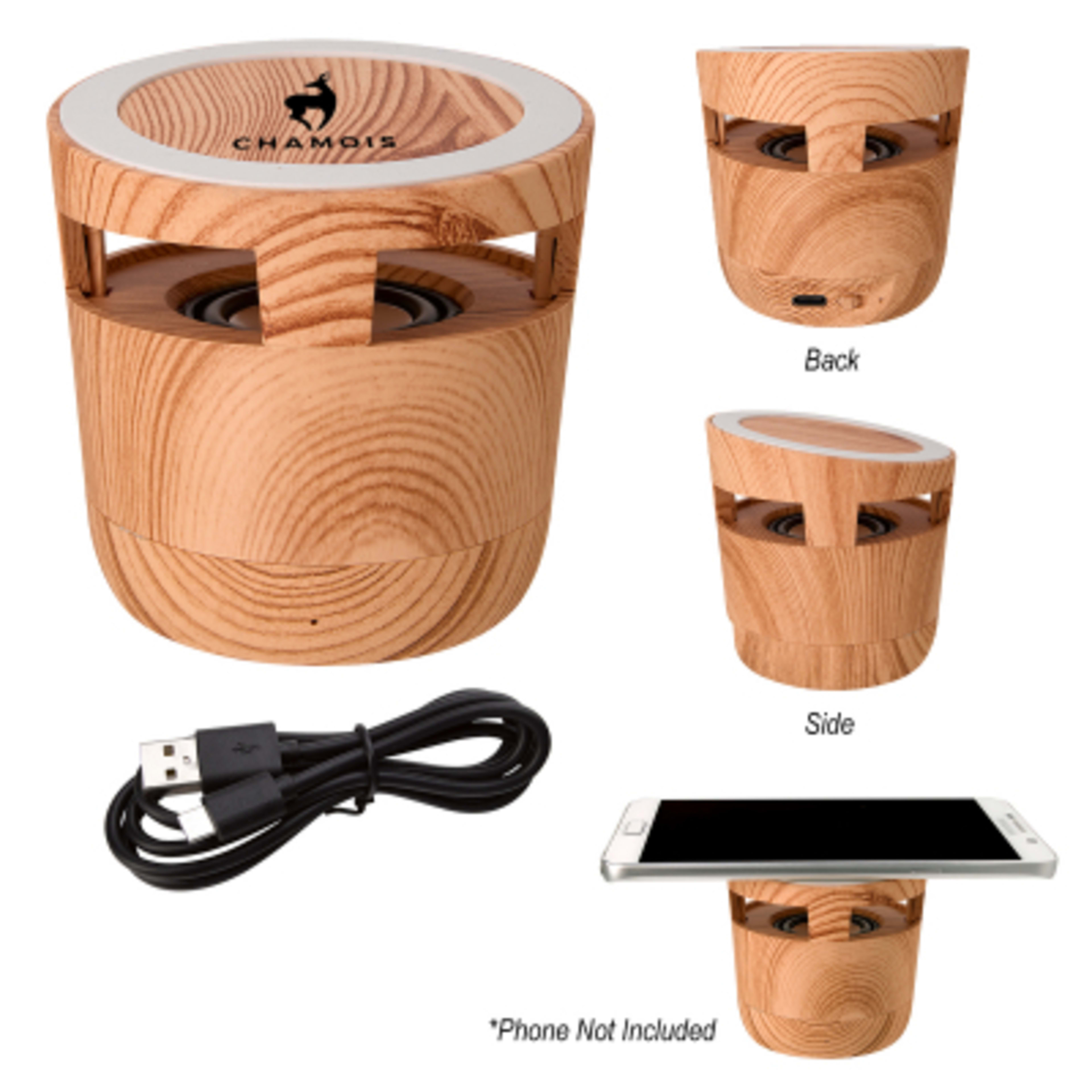 Wireless Charging Pad Speaker Woodgrain - 3 in Diameter - Group Shot