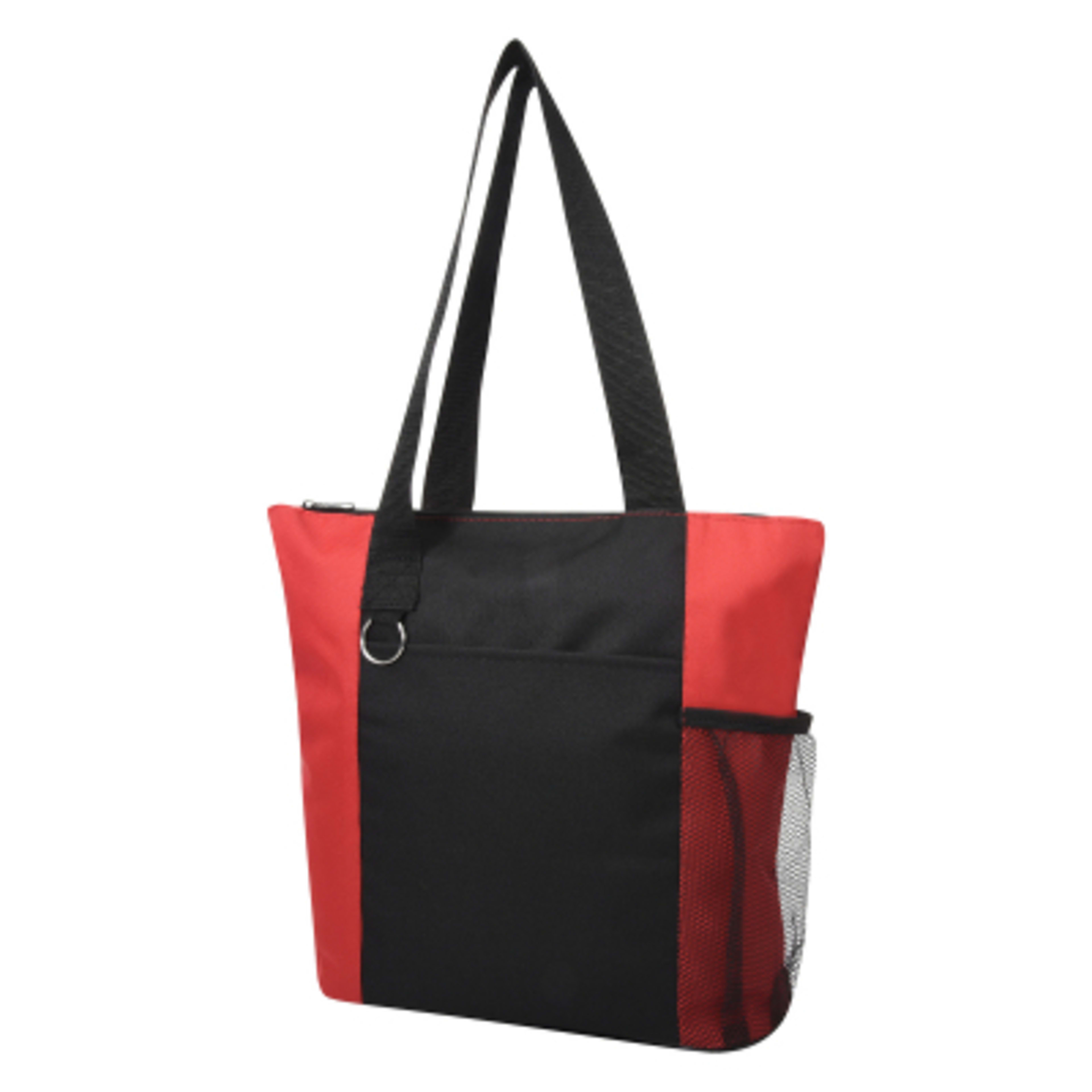 Custom Tote Bag Recycled Polyester Side Pocket - 14 x 13 x 5 in - Black/Red - Strap - product view 7