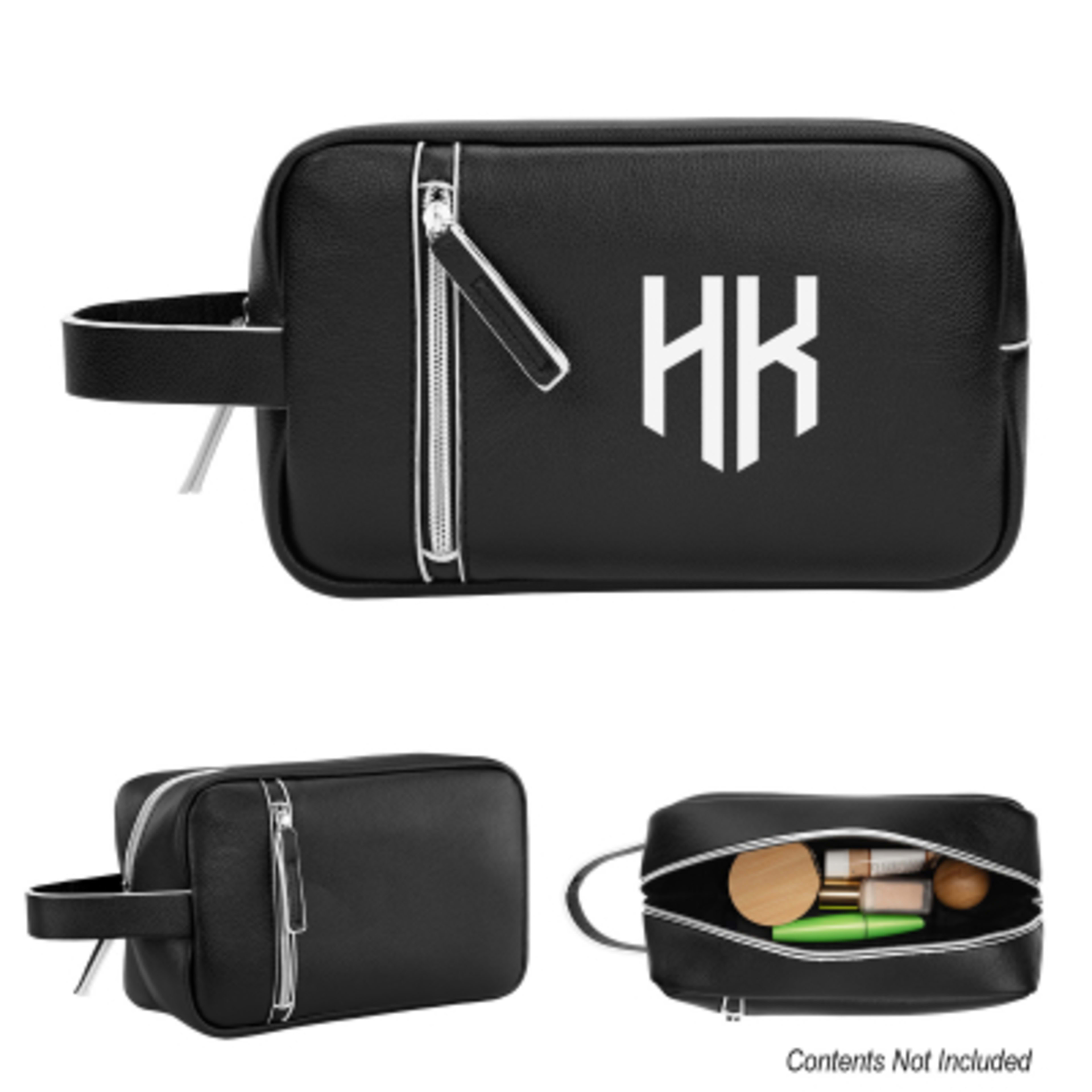 Toiletry Bag Leatherette Zippered Handle - 6 x 10 x 3 in - Black/White - Silkscreen - promotional product with custom logo