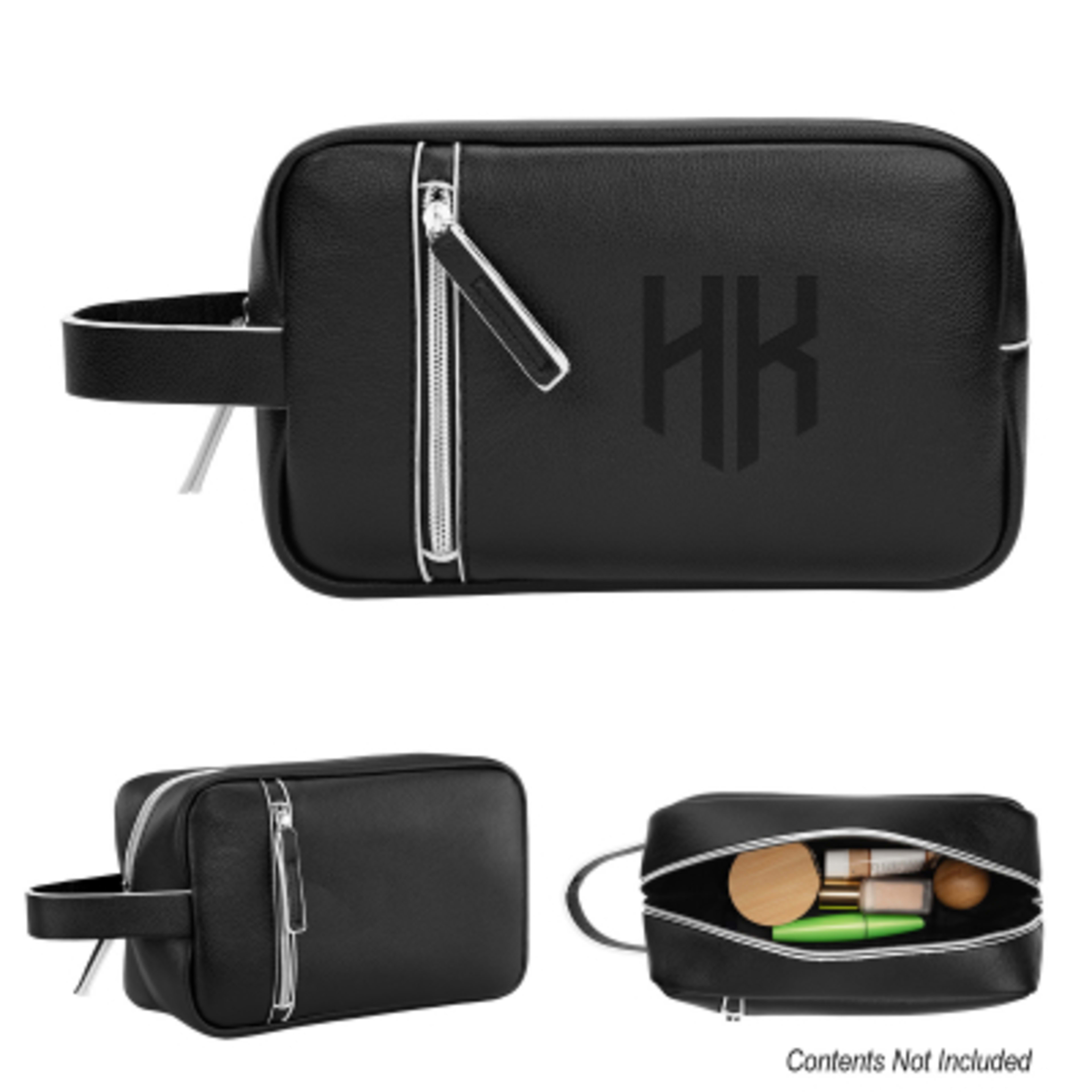 Toiletry Bag Leatherette Zippered Handle - 6 x 10 x 3 in - Black/White - Deboss - product view 2