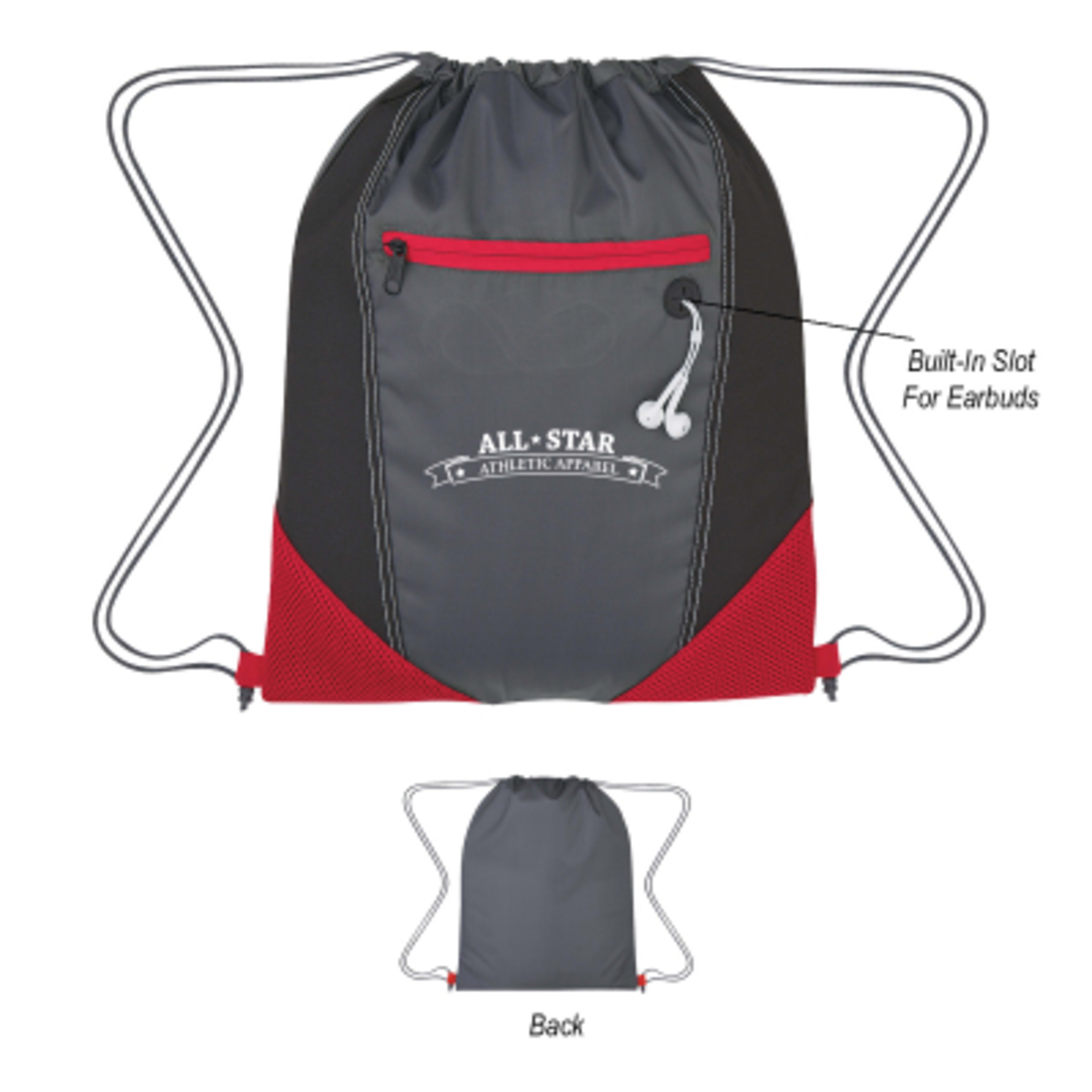 Drawstring Sports Pack Two-Tone with Earbud Slot - 13 x 16.5 in - Group Shot - product view 3
