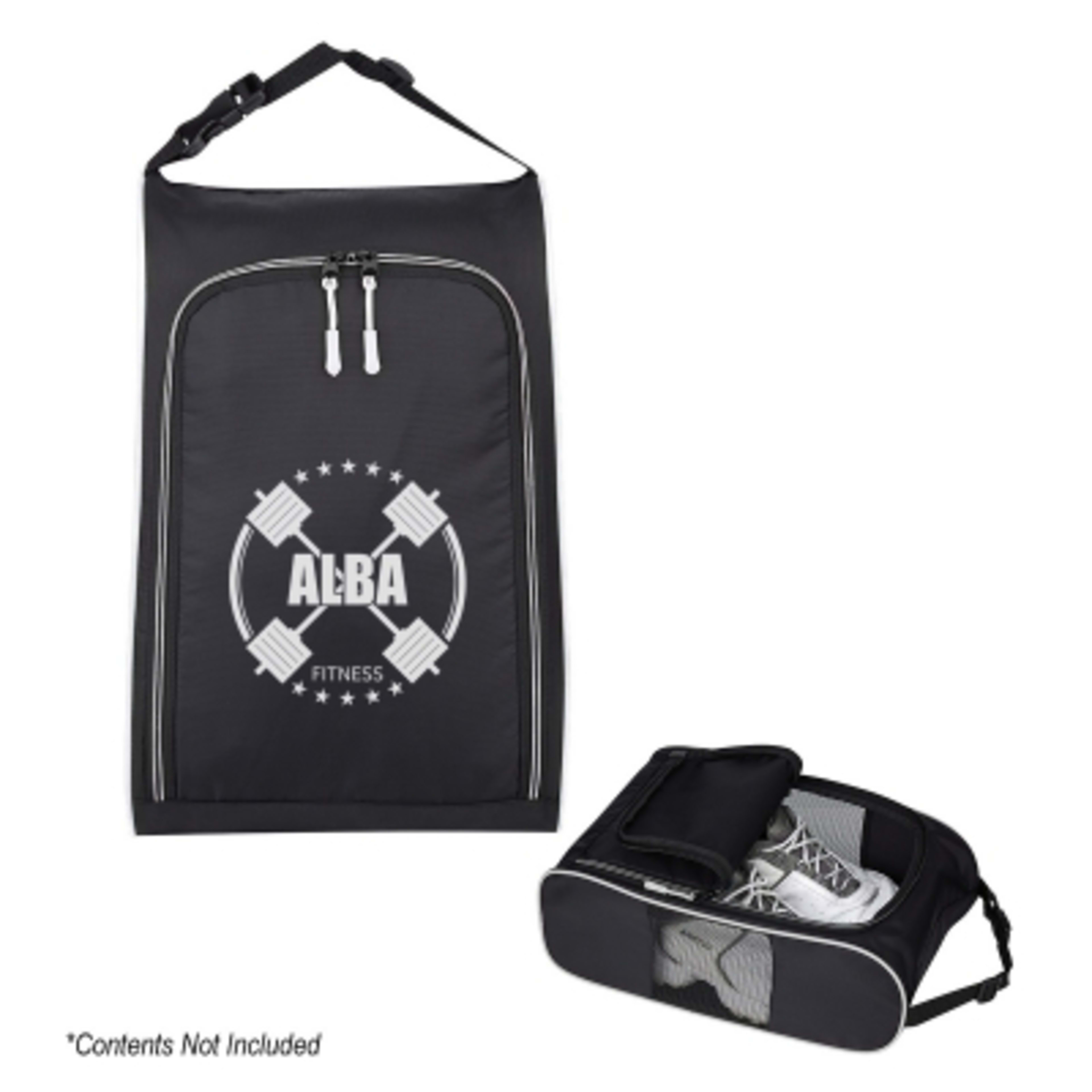 Shoe Bag Crosstown Side-Mesh with Buckle Handle - 9.75 x 15 x 5.5 in - Black/White - Silkscreen - promotional product with custom logo