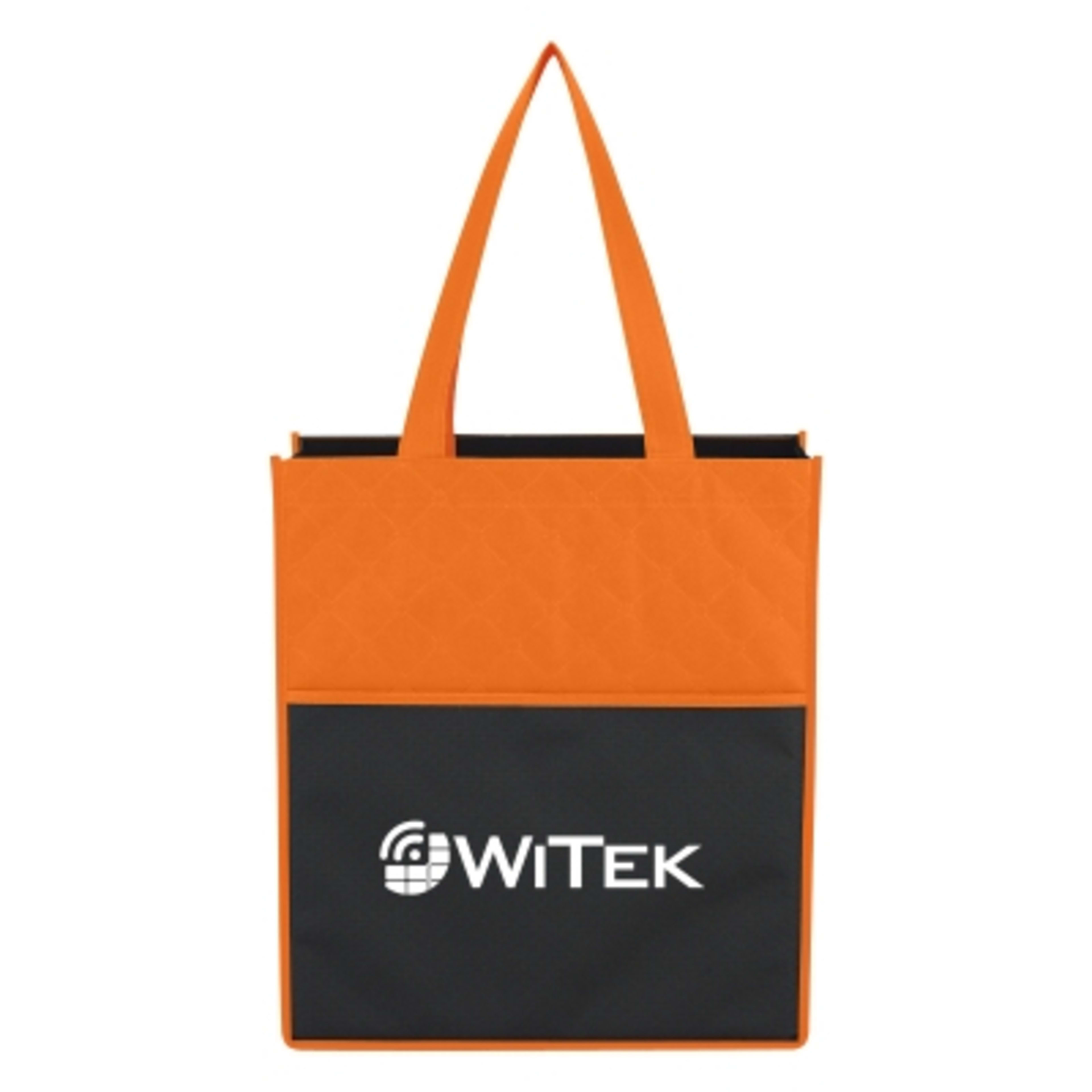 Custom Tote Bag Non-Woven Bounty Shopping - 13 x 14.75 in - Black/ORN - Silkscreen - promotional product with custom logo